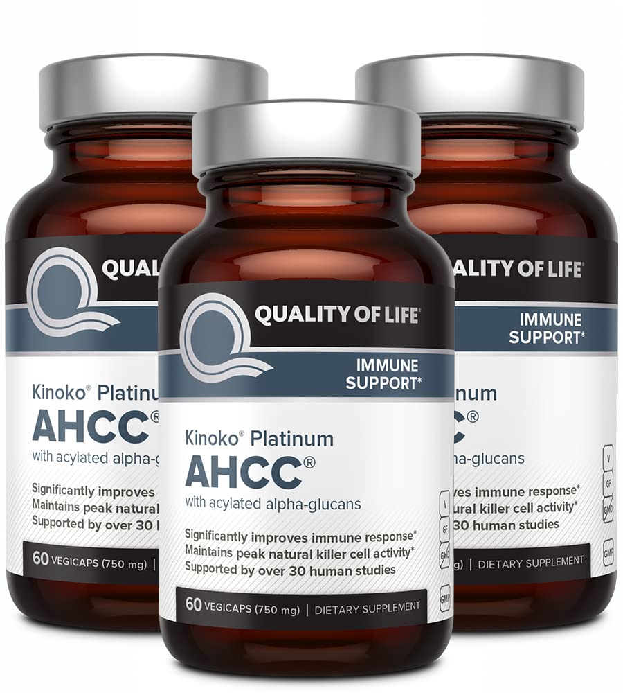 کیفیت زندگی 3 بسته AHCC Kinoko Platinum 750 میلی گرم - مکمل حمایت از سیستم ایمنی حرفه‌ای 60 عدد بطری