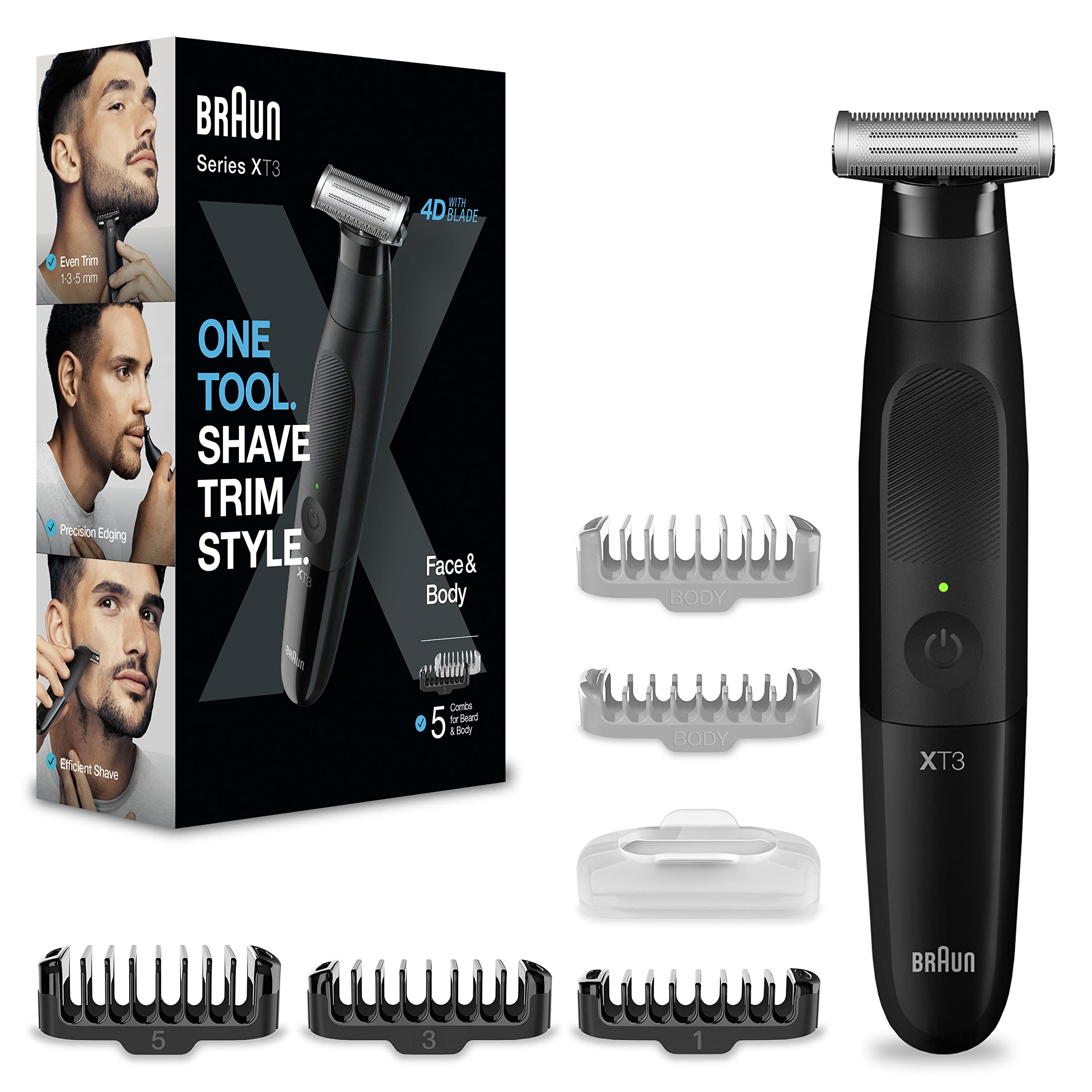 برش برای پیرایش ریش Braun Series X / ابزار مدل بادی تریمینگ برای آقایان / تراکم موها و برش حرفه ای با 5 ملحق برای صورت و بدن، زمان کارکرد بی‌سیم 45 دقیقه، XT3200