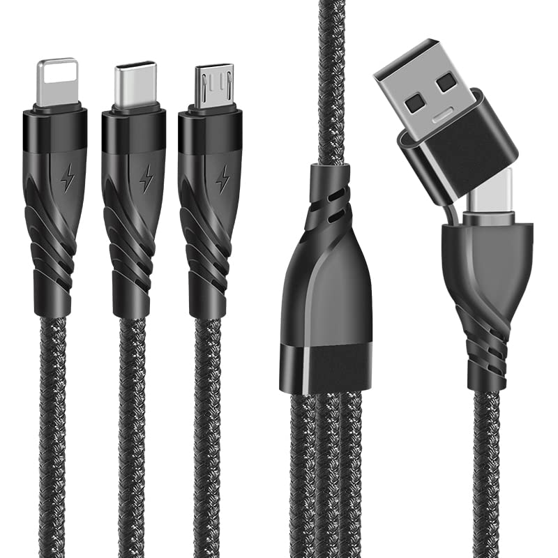 کابل USB 5 در 1 چندمنظوره Unillous با کابل iP، کابل USB نوع C، کابل میکرو USB، کابل USB A/USB C برای شارژ سریع تلفن‌های 13 12 11 سامسونگ گلکسی S20 S10 S9 S8 S7 هواوی اندروید - 1.2 متر مشکی