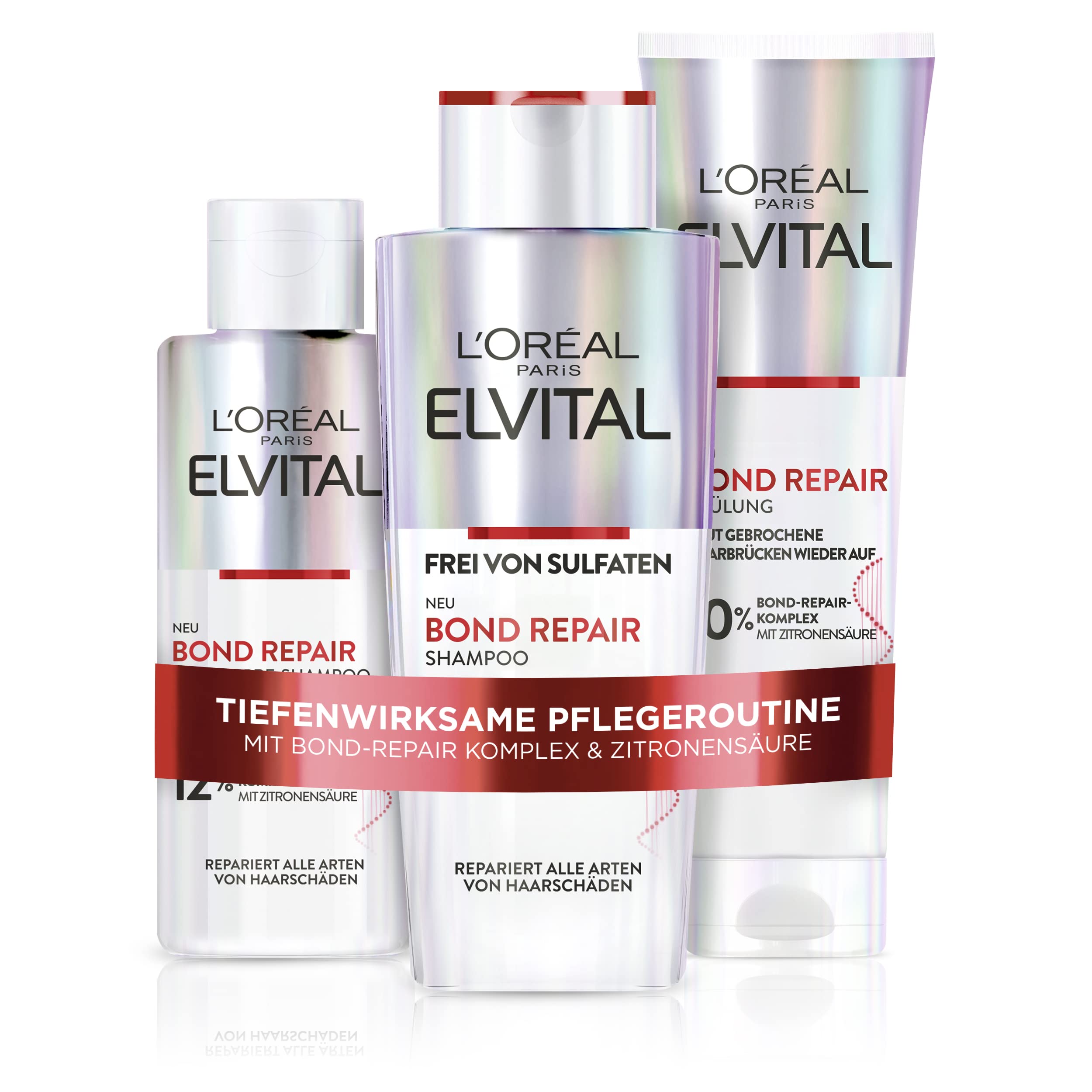مجموعه تعمیر موی L’Oréal Paris Elvital Bond Repair شامل پیش‌شامپو، شامپو و بالسام، بافلو، حفاظت برای کمتر شکستگی مو و بیشتر درخشش، با مجموعه تعمیر باند و اسید سیتریک، جعبه تعمیر سه تکه ای