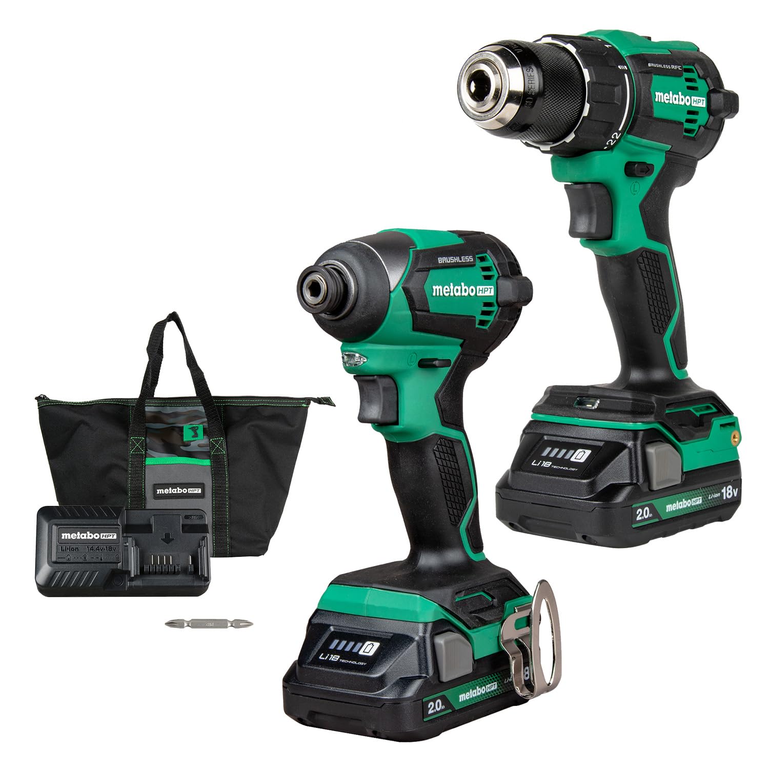 Metabo HPT 18V MultiVolt™ کیت کامبو دریل و ایمپکت درایور بی‌سیم براشلس | شامل 2 عدد باتری 18 ولت 2.0 آمپر | گارانتی مادام‌العمر ابزار | مدل KC18DEXQB فقط KC18DEXQB