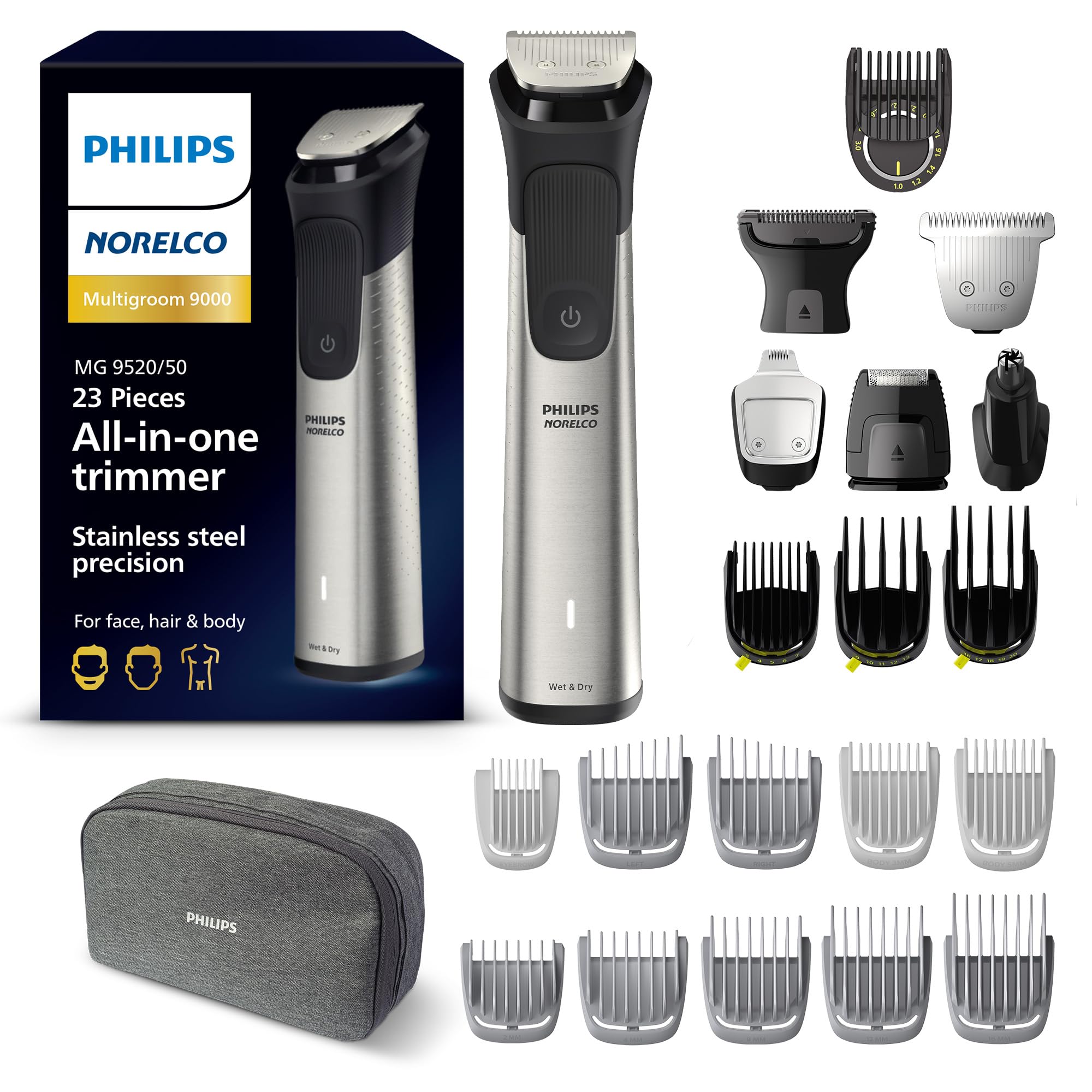 کیت مراقبت از آقایان Philips Norelco Multi Groomer 23 تکه، ترازو برای ریش، سر، بدن و صورت - دقت از جنس فولاد ضد زنگ. بدون نیاز به روغن تیغه. مدل MG9520/50، نقره ای، 1 عدد. آخرین نسخه با 27 طول برش