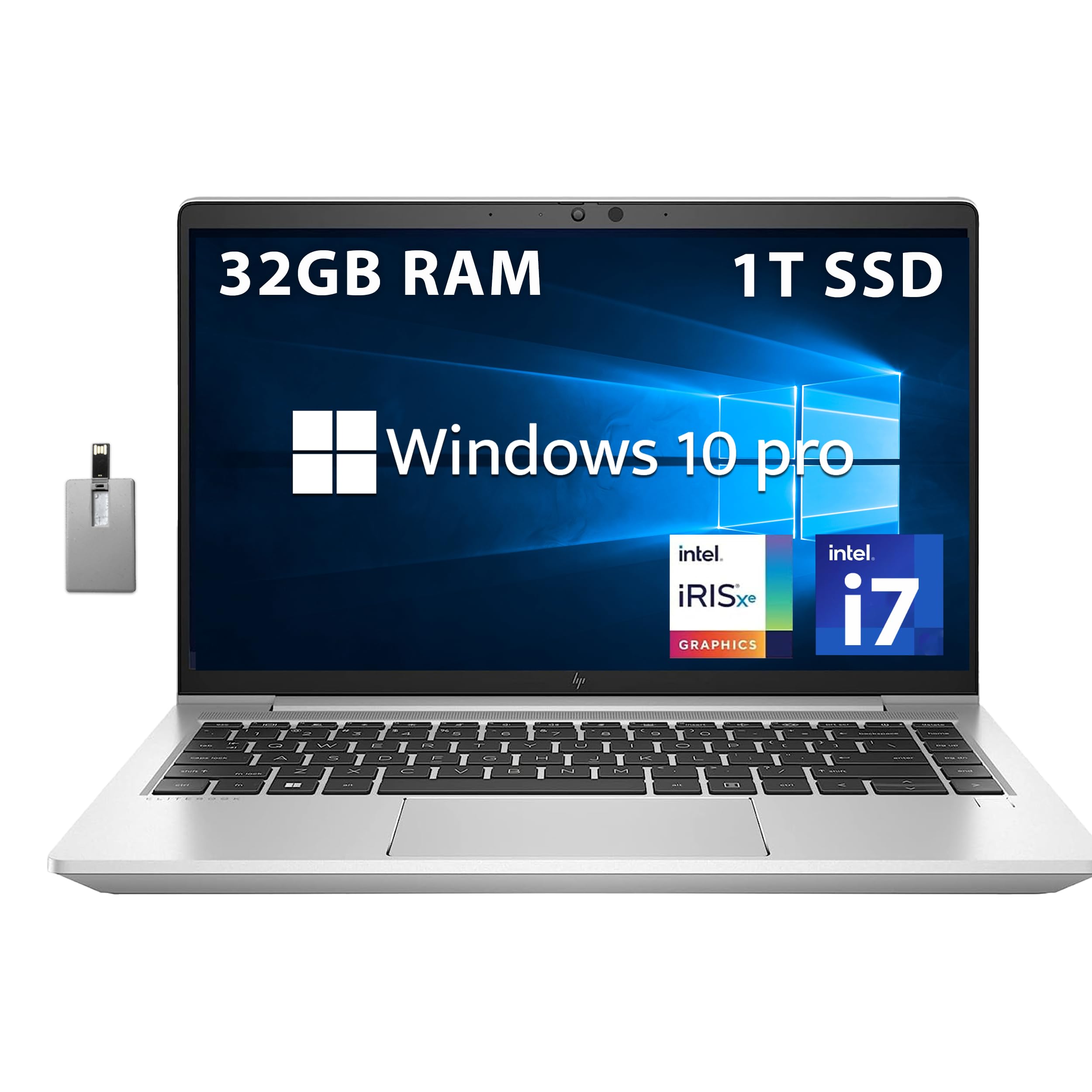 لپ تاپ تجاری HP EliteBook 640 G9 14 اینچ FHD، Intel Core i5-1235U، 32GB RAM، 1TB SSD PCIe، صفحه کلید با نور پس زمینه، خواننده اثر انگشت، دوربین 720p، Wi-Fi 6E، ویندوز 10 Pro، نقره ای، کارت USB 32GB