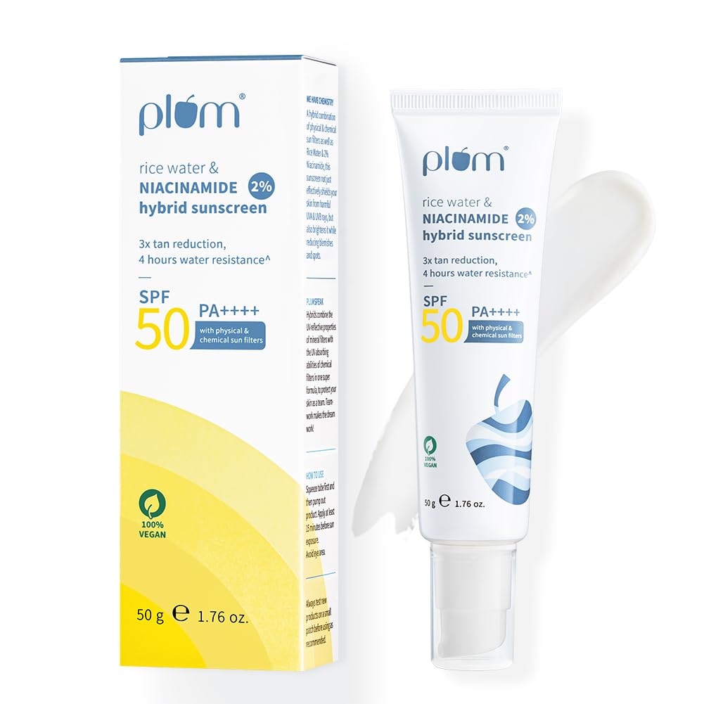 کرم ضدآفتاب پلام با 2% نیاسینامید SPF 50 PA+++ با آب برنج | محافظت از UVA/UVB | کاهش برهم‌نوردی، روشن کردن پوست | بدون لکه سفید، غیرلطیف | مناسب برای تمام انواع پوست | برای زنان و مردان | 100% گیاهی | 50 گرم