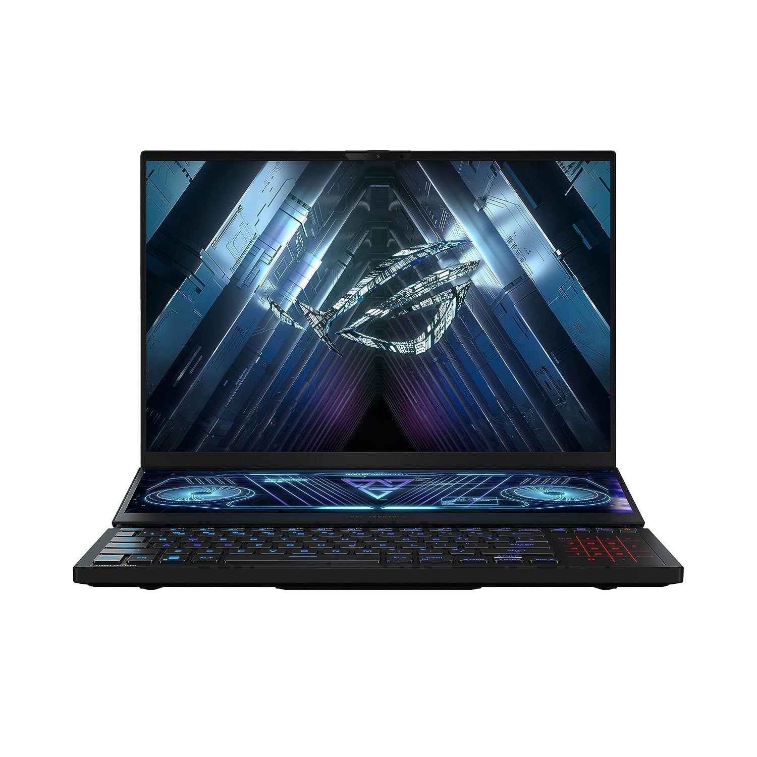 لپ تاپ بازی سیاه ASUS ROG Zephyrus Duo 16 GX650PY-NM048W، R9-7945HX 32 گیگابایت 2 ترابایت PCIE G3 SSD، NV RTX4090، ویندوز ۱۱ هوم، صفحه نمایش QHD+ 16 اینچی 16:10 (2560 × 1600، WQXGA) 240Hz، وبکم FHD، صفحه کلید با نور پس زمینه رنگی انگلیسی-عربی