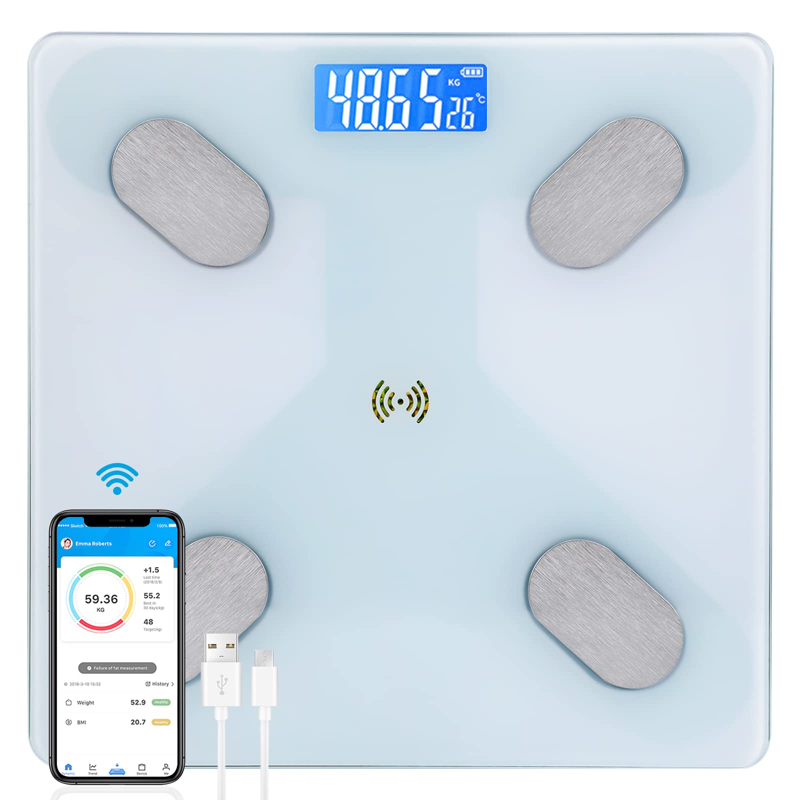ترجمه : ترجمه کنید
SKY-TOUCH Multifunctional Smart Body Fat Scale، Smart Electronic Led Digital Weight Bathroom Scale With Smartphone App، Support 17 Languages And Indoor Temperature Measurement، 260 * 260 * 23Mm White