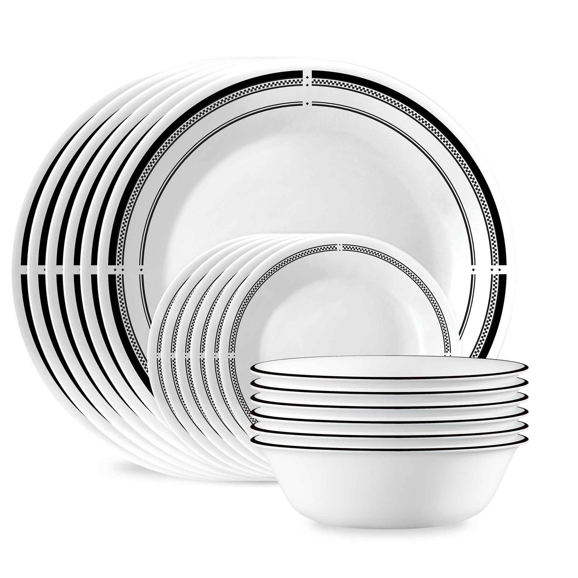سرویس ظروف ناهارخوری دایره‌ای 18 تکه Corelle، سرویس برای 6 نفر، ست پلاک و کاسه های گرد سبک، شیشه سه لایه Vitrelle، مقاوم در برابر خراش و شکستگی، قابل استفاده در مایکروفر و ماشین ظرفشویی، براسری