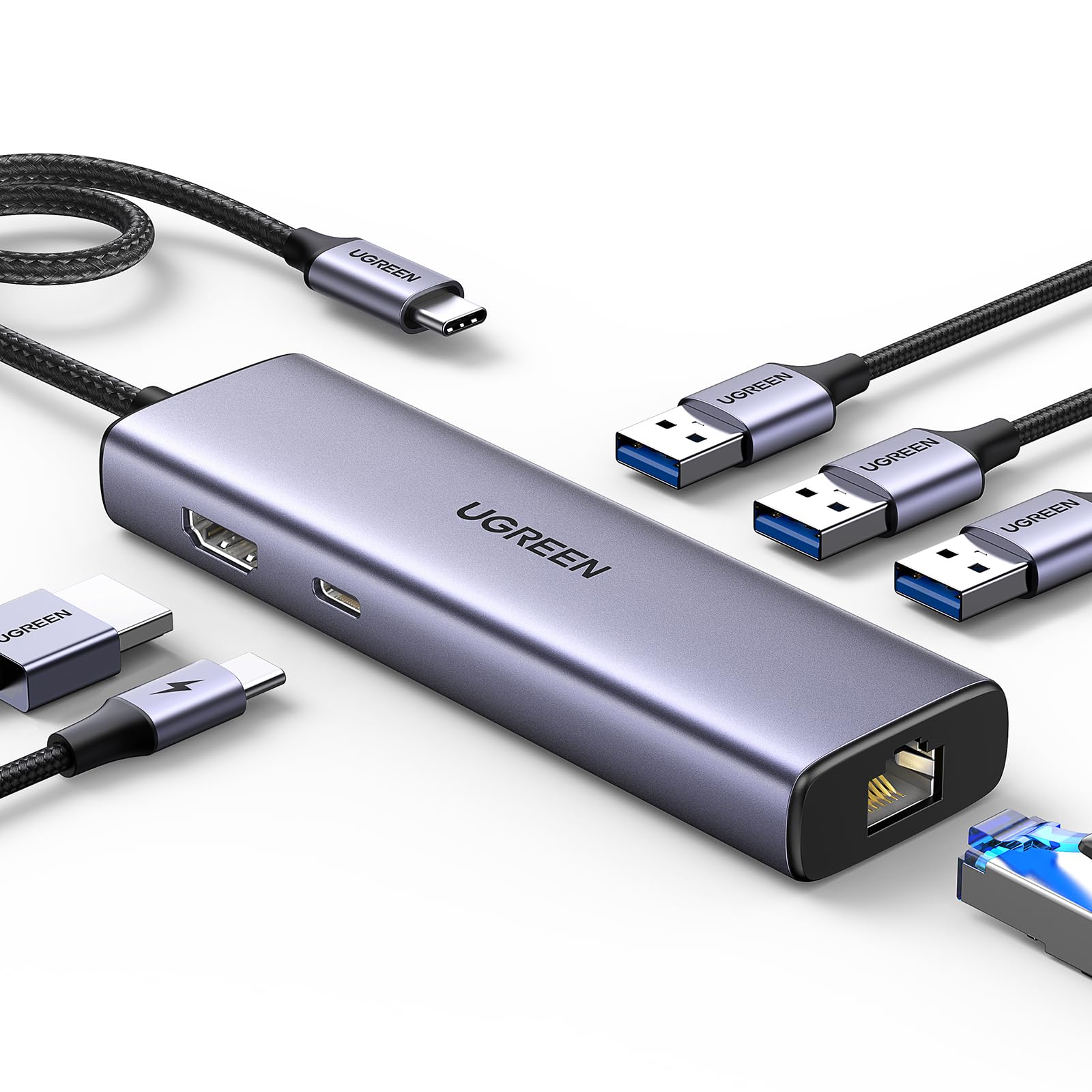 هاب یوجرین Revodok 1061 USB C با 6 پورت شامل اترنت گیگابیت، HDMI 4k@30Hz، شارژ PD 100W USB C، 3 پورت USB 3.0 با سرعت 5Gbps برای مک‌بوک پرو/ایر M1/M2 2023، لنوو، دل، اچ‌پی، ایکس‌پی‌اس، ایسوس