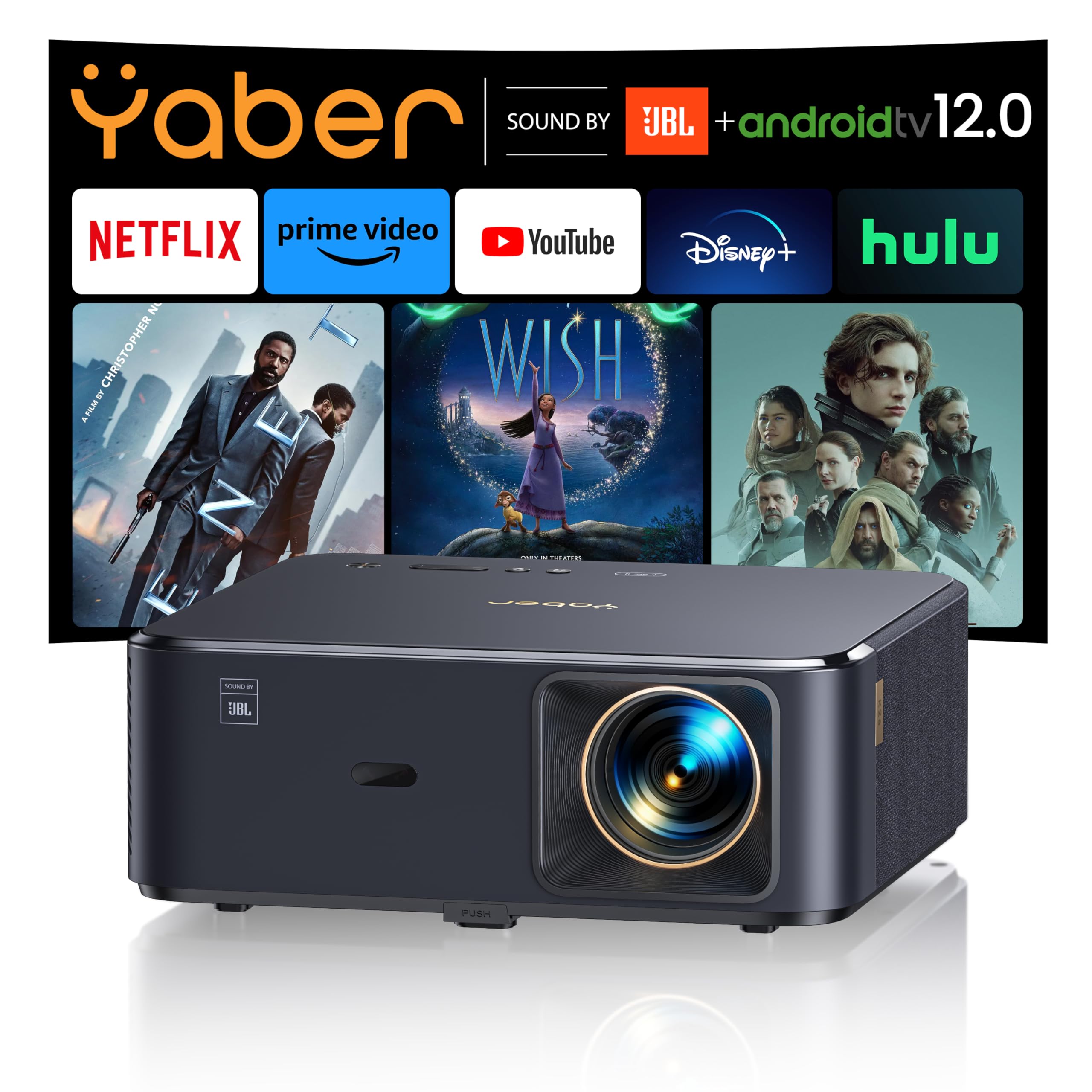 پروژکتور 4K با Android TV، YABER K2s 1000 ANSI WiFi 6 پروژکتور بلوتوث، صدای JBL، صدا Dolby، فوکوس خودکار و کی‌استون، پروژکتور فیلم خارجی Native 1080P 4K پشتیبانی شده با Netflix 7000+ برنامه‌های کاربردی مشکی استاندارد