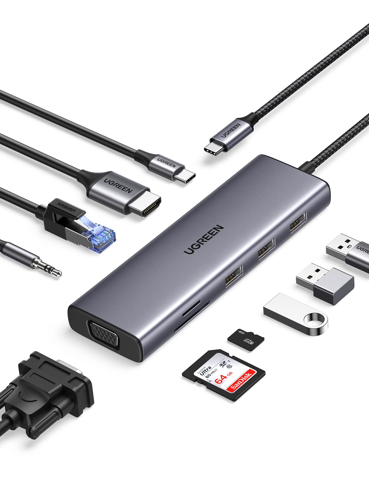 یوگرین هاب ۱۰ در ۱ USB C با خروجی ویدیو ۴K HDMI و FHD VGA، هاب Type C، PD 100W، اترنت گیگابیت، ۳ پورت USB 3.0، USB C به 3.5mm، درگاه‌های SD/TF آداپتور چندمنظوره برای مک‌بوک پرو/ایر ۲۰۲۳، اچ‌پی، و غیره، ۱۰ در ۱