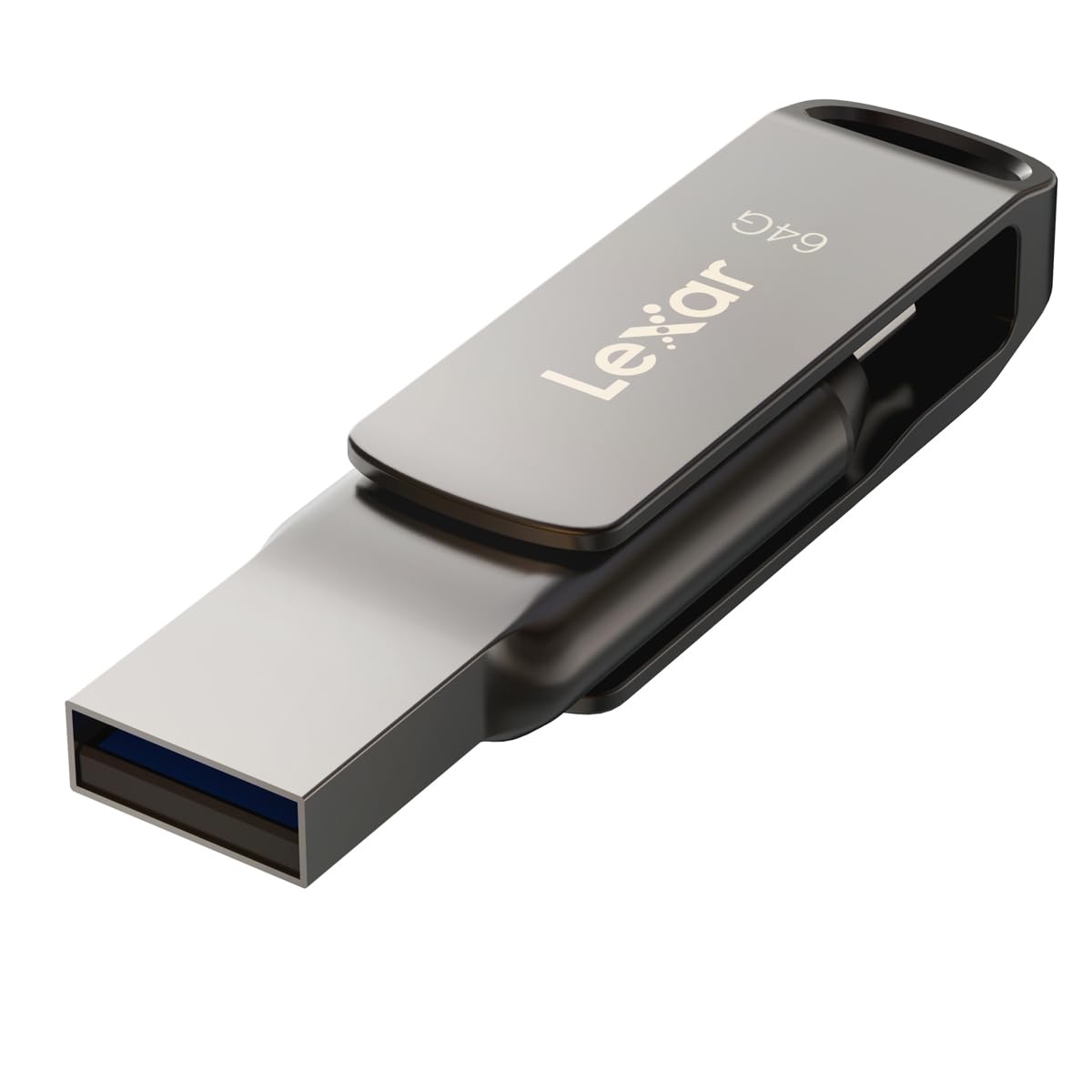 فلش درایو Lexar JumpDrive Dual Drive D400 USB 3.1 نوع C و نوع-A حافظه‌ی 64 گیگابایت برای افزایش فضای ذخیره‌سازی و پشتیبان‌گیری، با سرعت خواندن تا 130 مگابایت بر ثانیه، با بدنه‌ی فلزی و طراحی چرخشی، تیتانیوم (LJDD400064G-BNQNU)