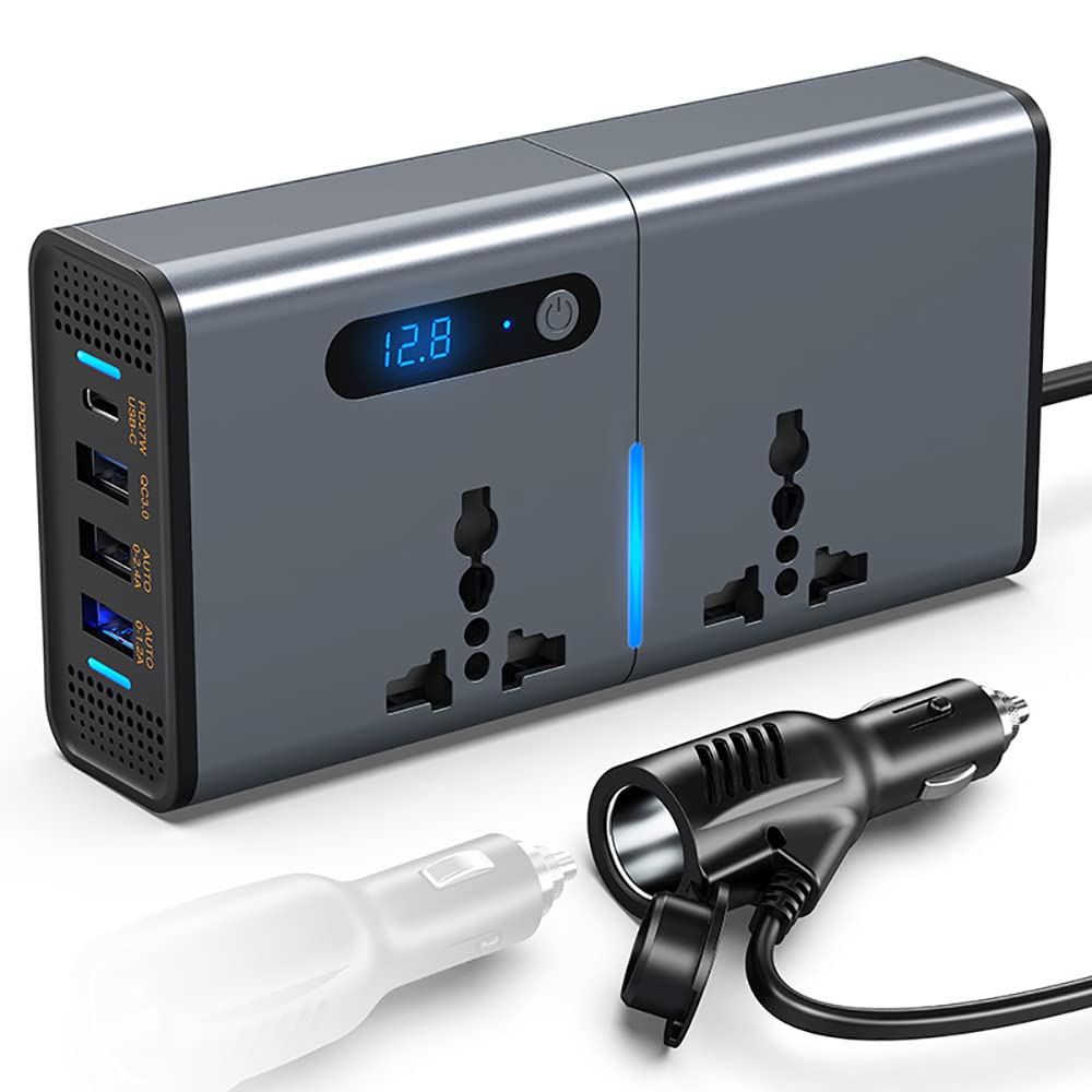 تبدیل برق خودرو FOKKAH 200W، تبدیل کننده برق خودرو DC 12/24 ولت به AC 220 ولت، شارژر آداپتور خودرو با 3 پورت USB و 1 پورت Type-C و با کلید روشن و خاموش و صفحه نمایش LED جریان، مناسب برای خودروها، اس یو وی و کامیون (نقره ای خاکستری)