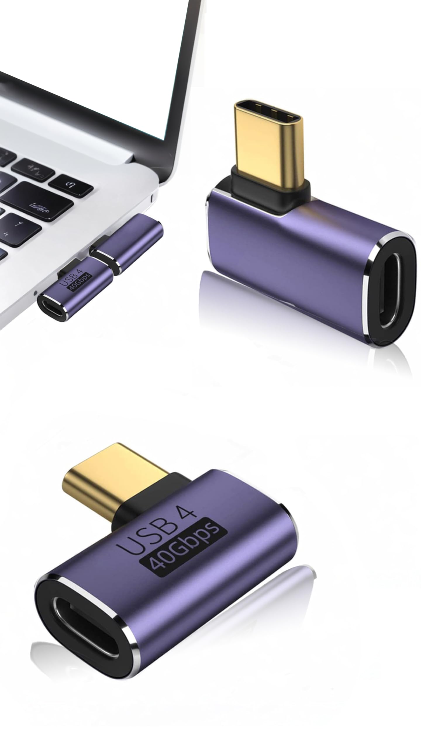 آداپتور زاویه دار USB C، 2 عدد USB C مرد به زن 90 درجه، با قابلیت شارژ ویدیو 40 گیگابیت بر ثانیه PD 100 وات 8K 60 هرتز، سازگار با MacBook Pro/Air تندربولت 4، و دیگر دستگاه‌های Type C (با برآمده به سمت جانب)