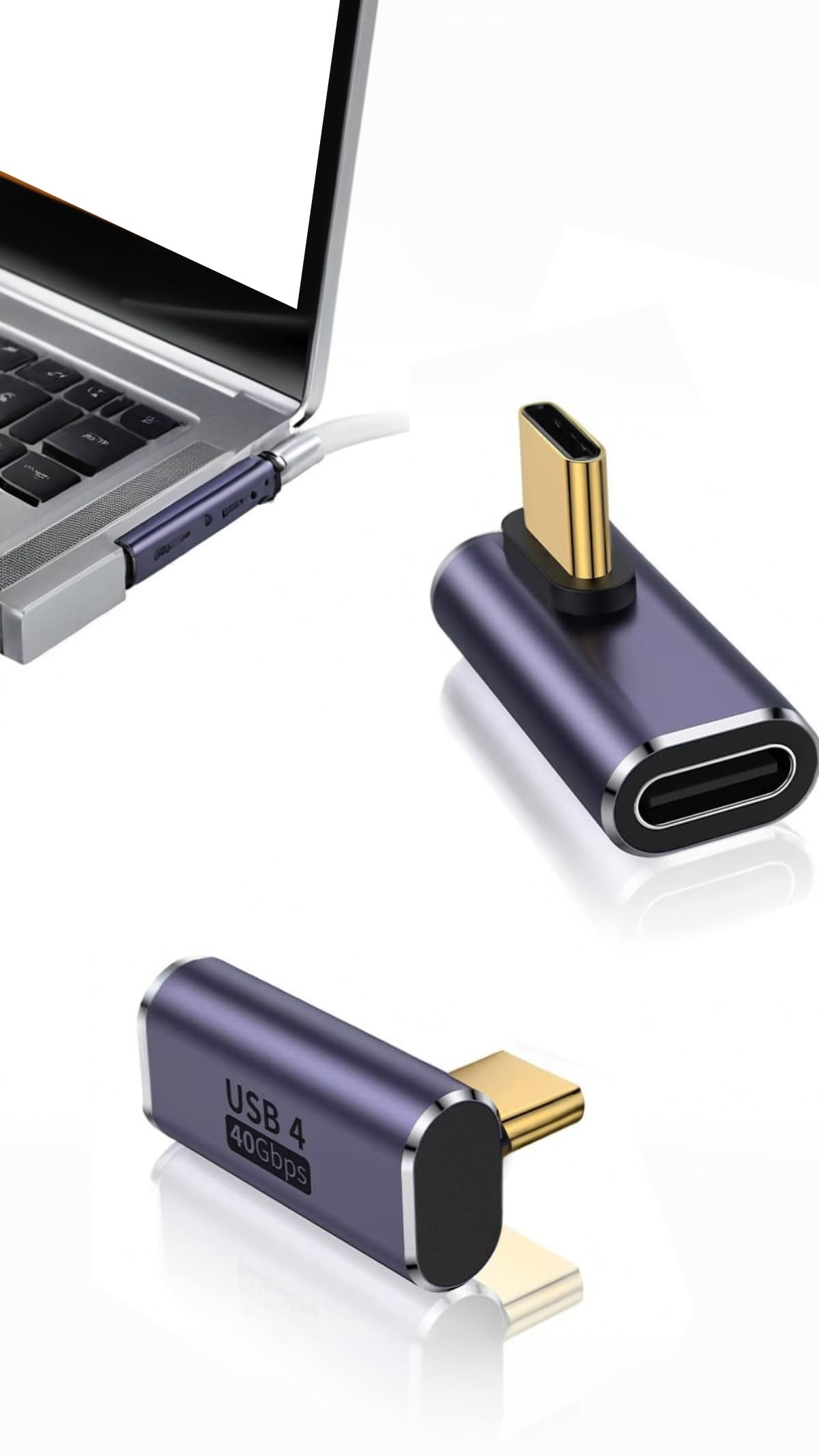 آداپتور زاویه دار USB C، 2 عدد USB C مرد به زن 90 درجه، با سرعت انتقال 40 گیگابایت بر ثانیه قابلیت شارژ PD 100 وات و پخش ویدیو 8K با فرکانس 60هرتز، سازگار با MacBook Pro/Air با Thunderbolt 4 و دیگر دستگاه‌های Type C (با خمش وسطی)