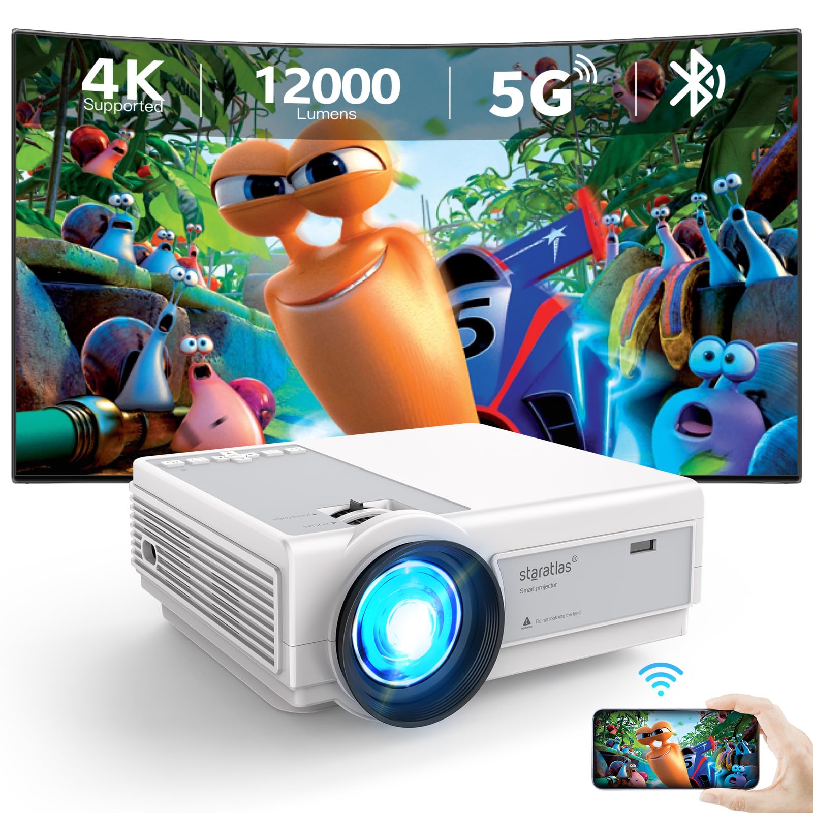 استارآتلاس 1920X1080P پروژکتور Full HD پشتیبانی شده ، پروژکتور بلوتوث ، پروژکتور اورهد مینی 12000L ، سازگار با تلویزیون استیک اسمارت فون HDMI USB AV ، پروژکتور تئاتر خانگی (شکل واپسین)