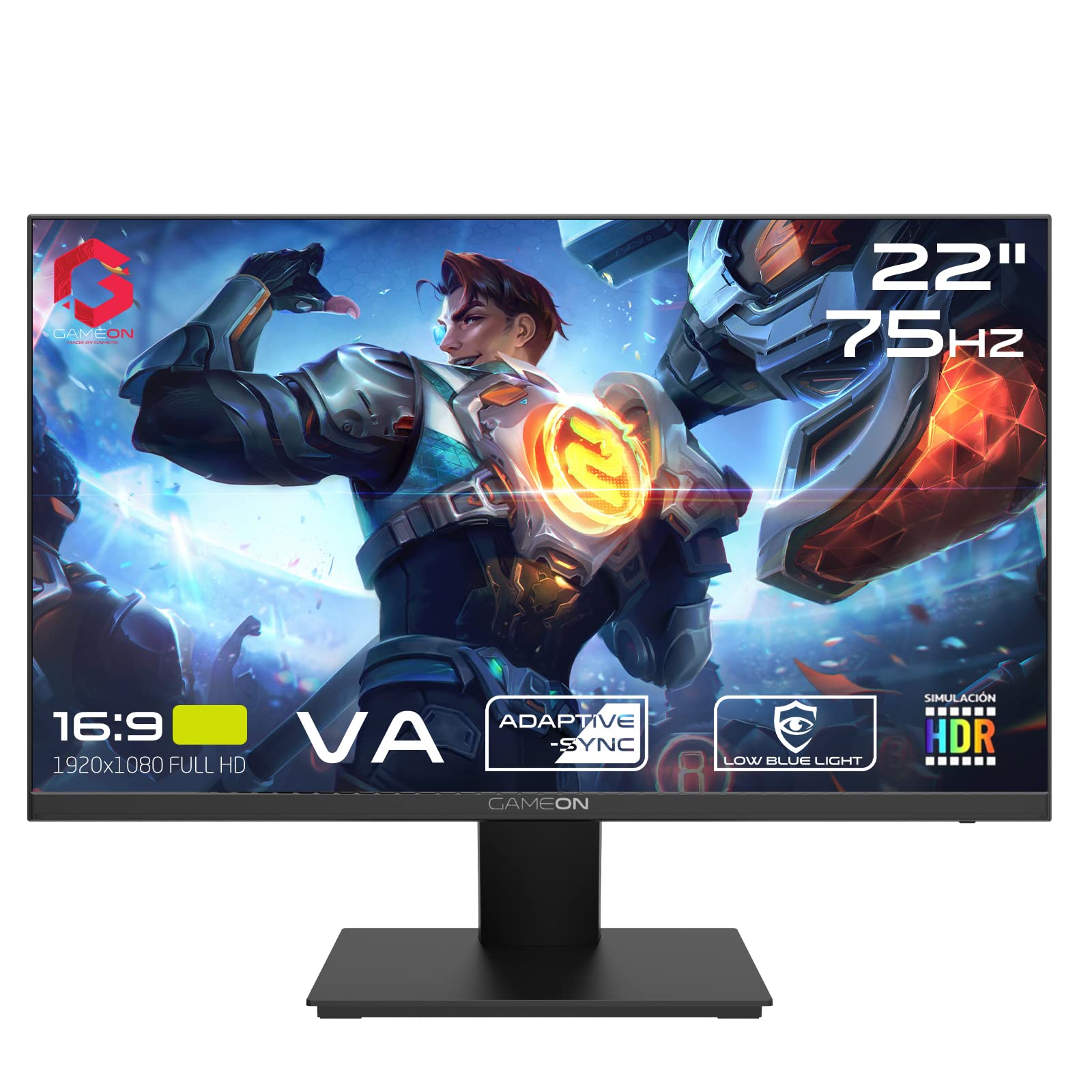 مانیتور گیمینگ 22 اینچ GAMEON GOB22FHD75VA، وضوح تصویر عالی FHD، پنل VA، تاخیر 75 هرتز، پورت‌های HDMI، پشتیبانی از GSync و Free Sync، قابلیت نصب بر روی دیوار VESA، تغییر زاویه تیلت، صفحه‌ی نمایش LED صاف، استند ثابت، با بلندگوها، رنگ مشکی 22 FHD75VA