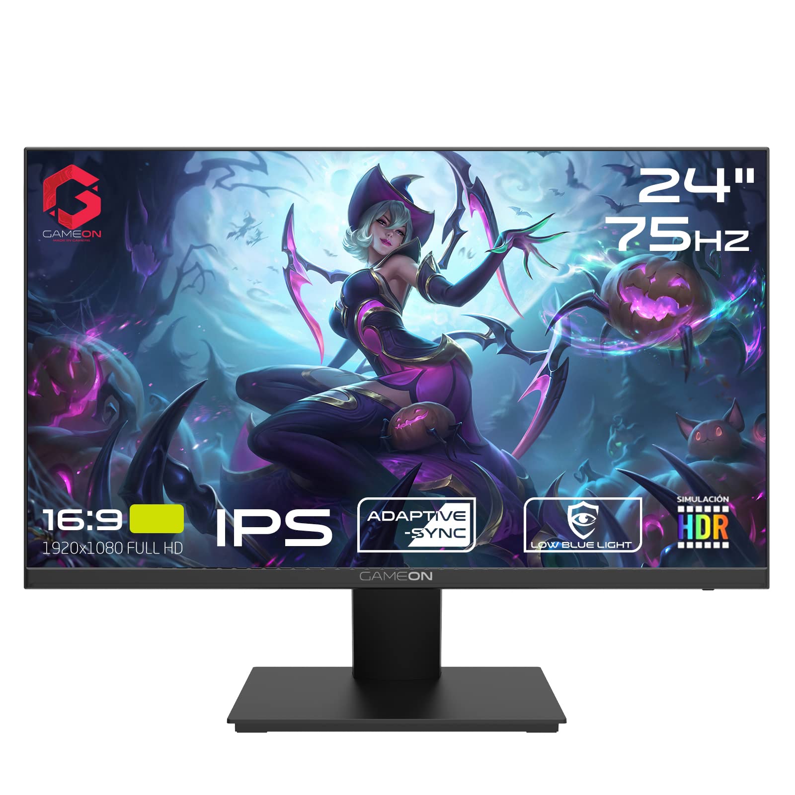 مانیتور 24 اینچ GAMEON، Full HD 1920x1080p HDMI و VGA با شیب ارگونومیک، فناوری مراقبت از چشم با فیلتر نور آبی و ضد تابش، Adaptive-Sync و بلندگوهای داخلی 24 اینچ FHD 1080p 75 هرتز 4 میلی‌ثانیه