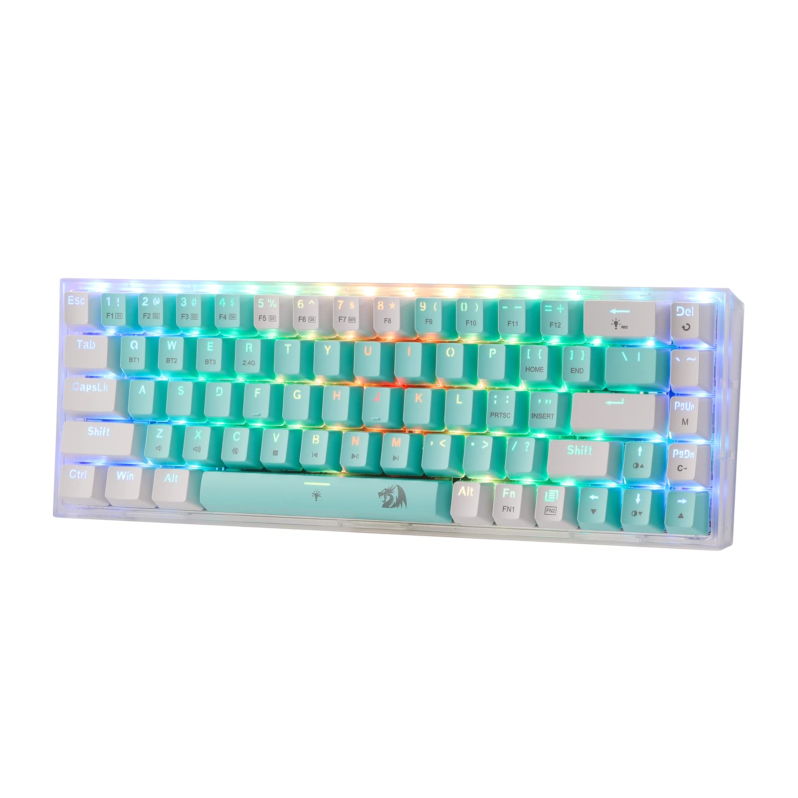 کیبورد بازی Redragon K631 PRO WT 65% با سیم وایرلس RGB، 68 کلید کوچک قابل تعویض مکانیکی با سوئیچ‌های خلاء خطی سفید و نعنایی سفارشی