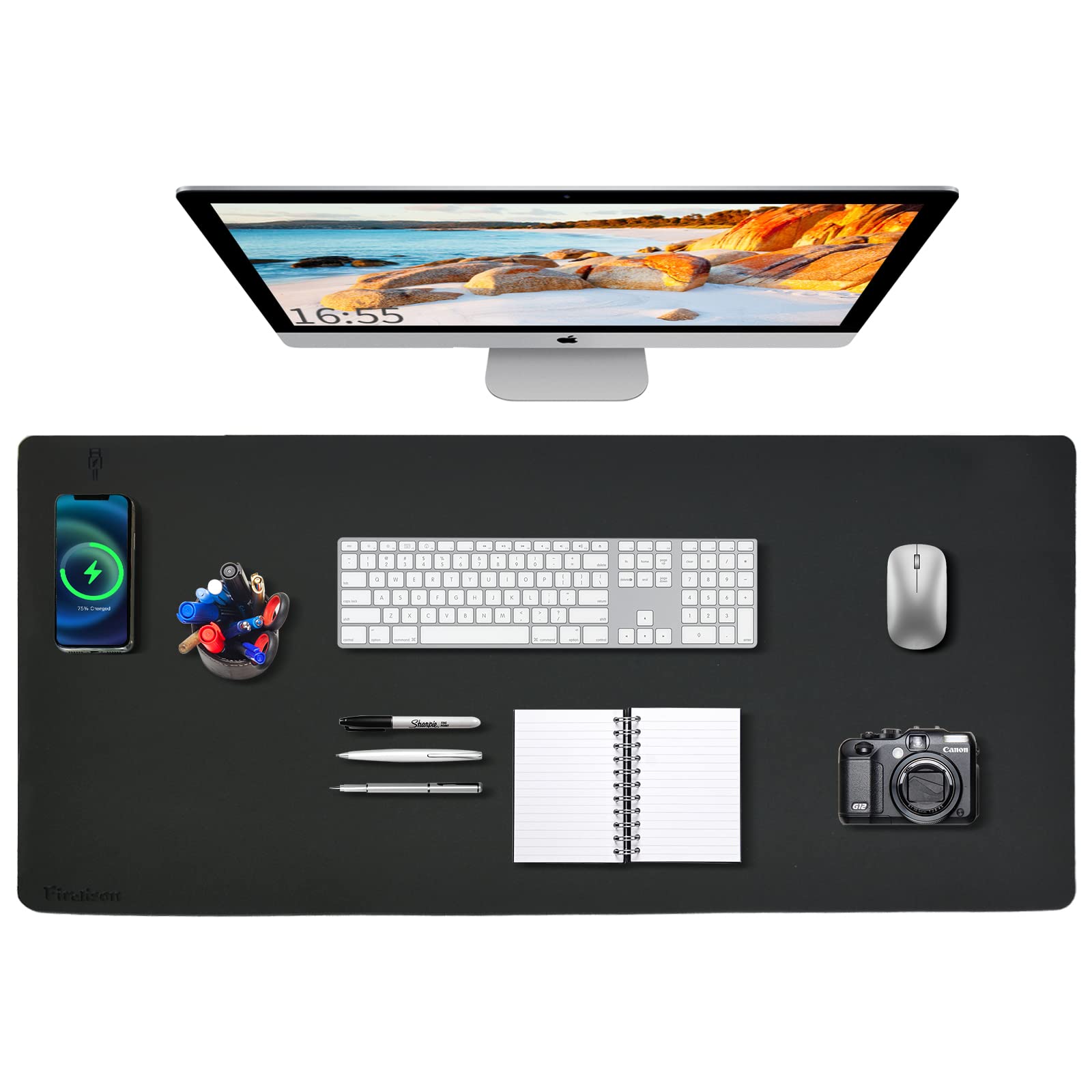 Zakia Desk Mat with Wireless Charging Desk Pad for Desktop Charging Large Mouse Pad 32x16 Waterproof Black Leather Computer Mat Mousepad Non-Slip Protector on Top of Desks for Keyboard and Mouse 81 x 81 سم Black