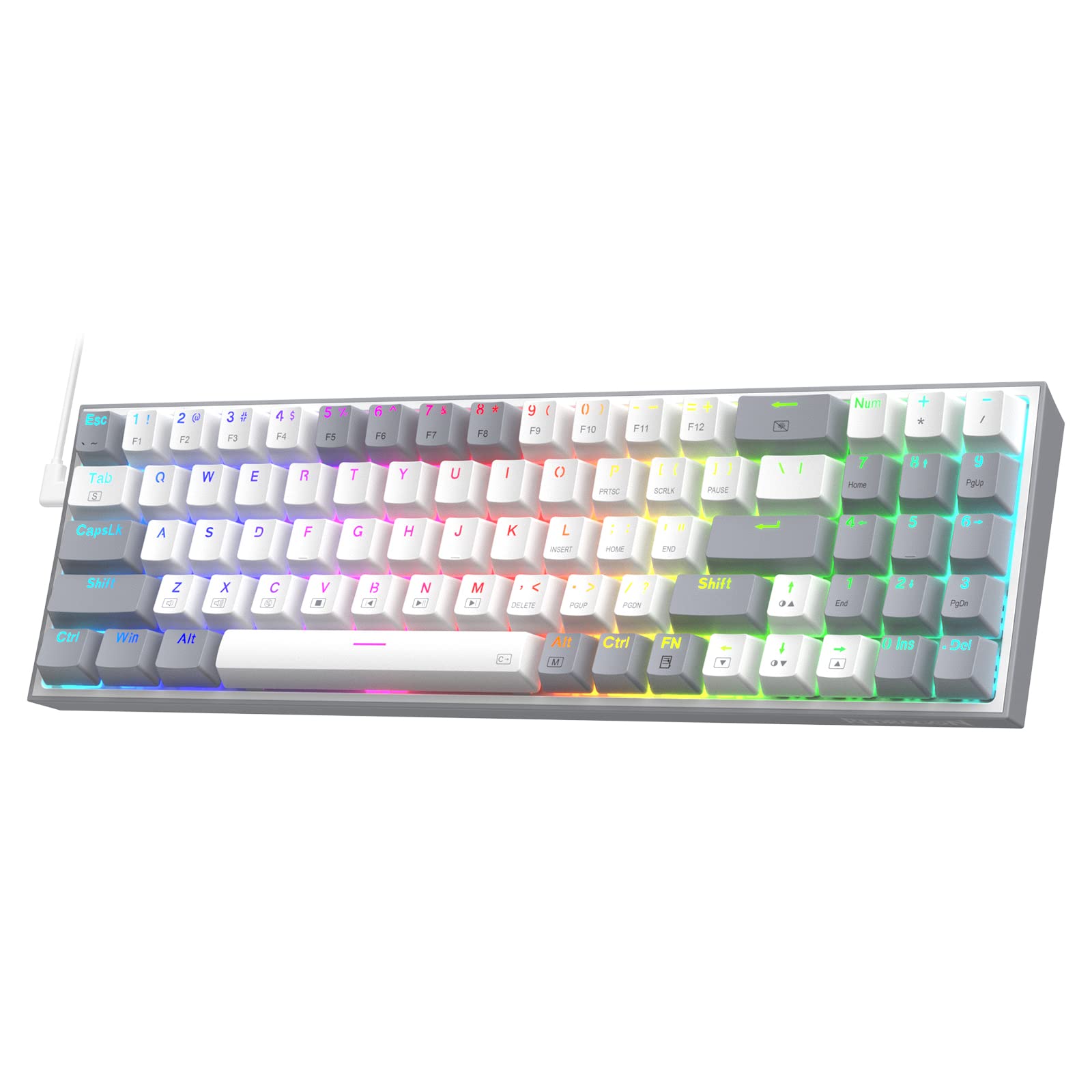 Redragon K628 Pollux صفحه کلید بازی سیمی RGB باسیم 75٪ ، 78 کلید کوچک مکانیکی با سوکت قابل تعویض 100٪ ، PCB نصب شده بر پلیت آزاد-مد و کلید های جداگانه تغییرات آراها، سوییچ قرمز ساکت سفید و خاکستری 75٪ سیمی