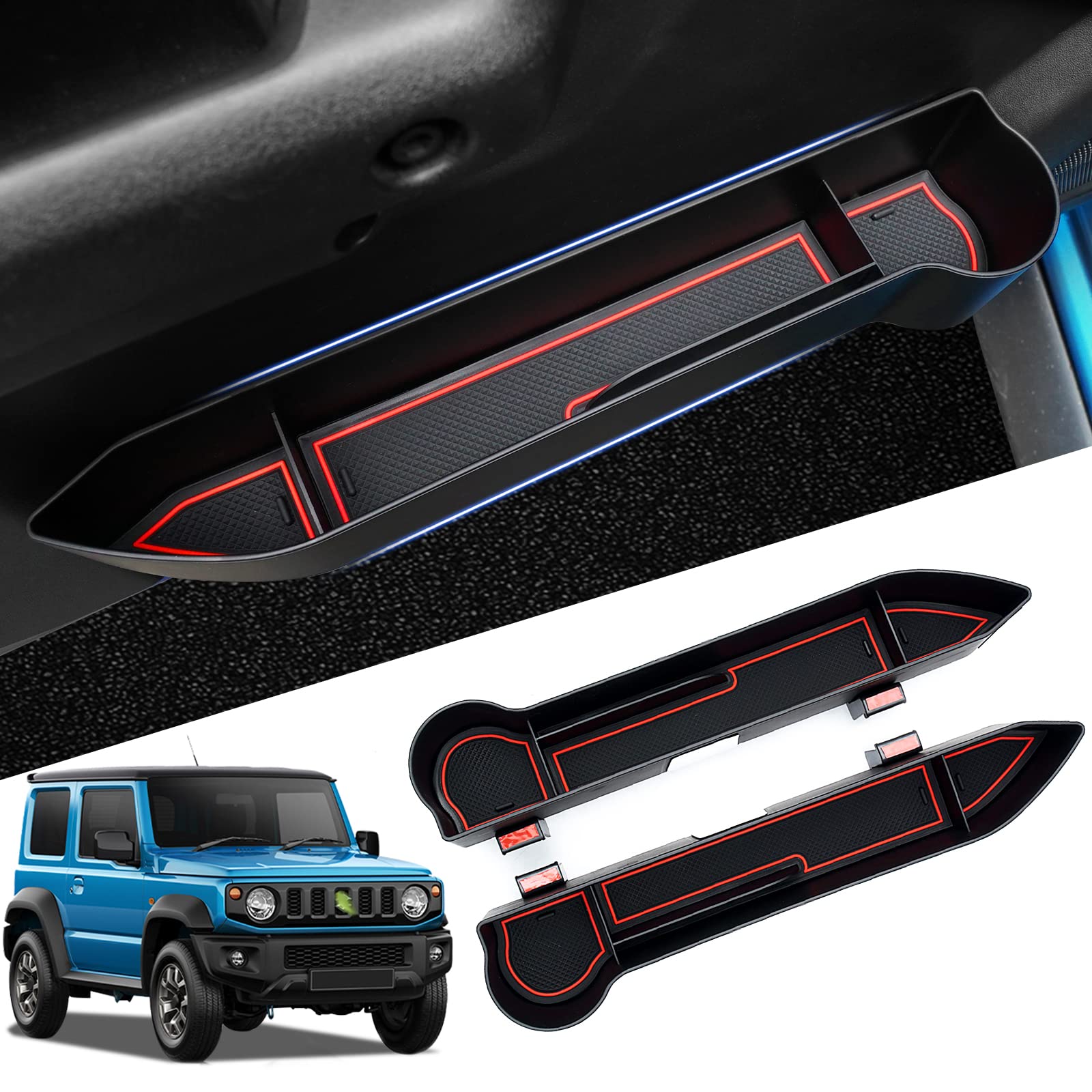سفارش سفارشی مناسب برای جعبه‌های ذخیره‌سازی در کنار درب سوزوکی جیمنی 2019-2023 JB64 JB74 لوازم جانبی دستگاه پشتیبان تلفن سازماندهی کننده درب محفظه دستگاه‌های جیب سیاه 2 بسته