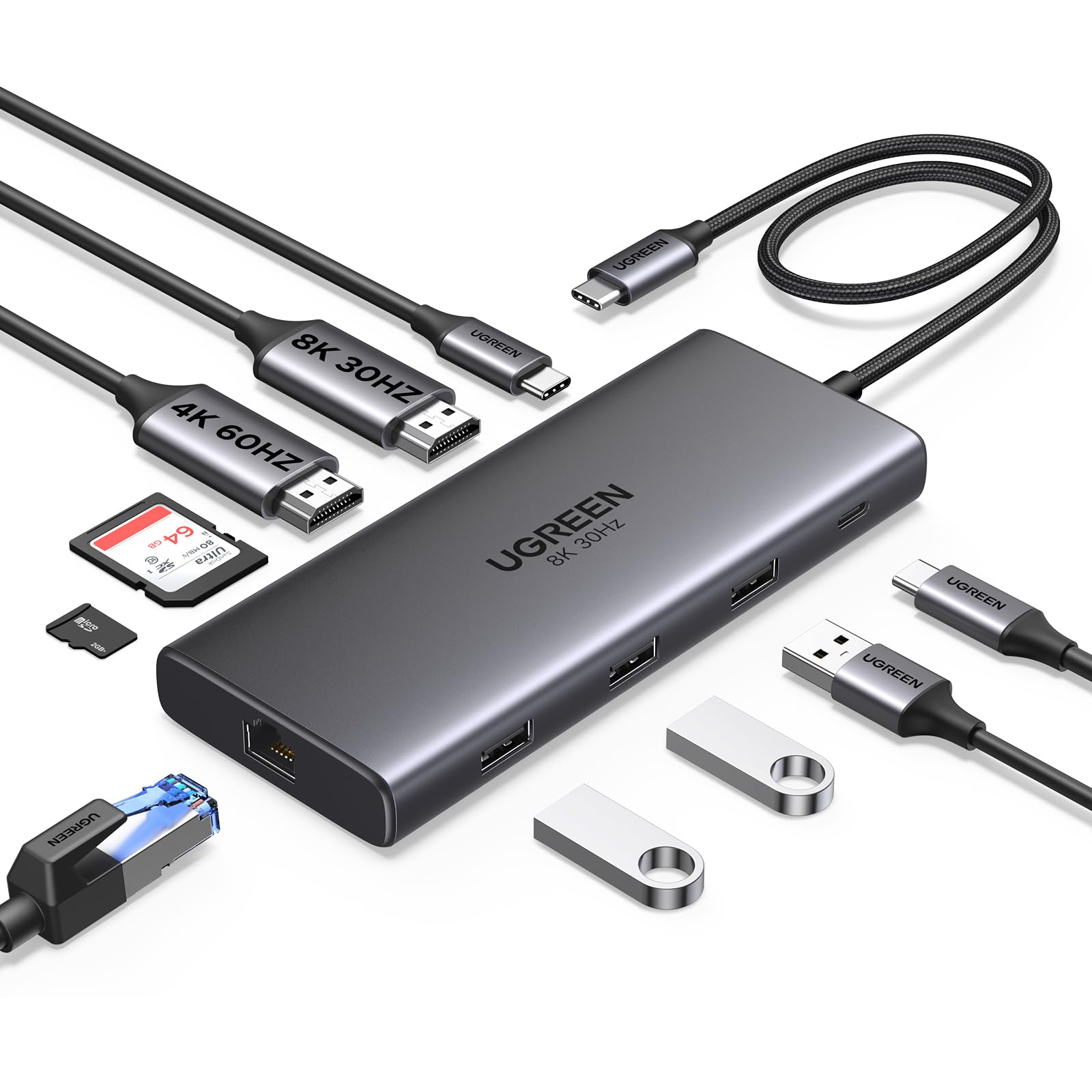 UGREEN Revodok Pro 210 USB C Hub 10-in-1 ایستگاه Docking دو مانیتور با دو HDMI 4K@60Hz تک 8K@30Hz، پورت داده USB A و Type C، شارژ 100 وات PD، اترنت، خواننده کارت SD برای iPhone 17، MacBook 2 مانیتور 2 HDMI+SD/TF/Rj45