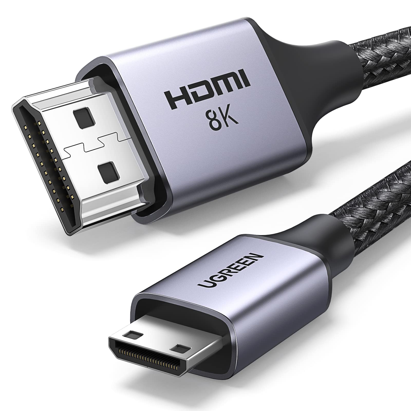 کابل UGREEN Mini HDMI to HDMI 2.1 با سرعت بالای 48Gbps آلترا های اسپید، سازگار با استاندارد eARC Dolby Atmos HDR Lead، سازگار با دوربین DSLR، رزبری پای، کارت به دست آوردن لپتاپ، مانیتور، تلویزیون، PS5/4 (2M) 200 سانتیمتر
