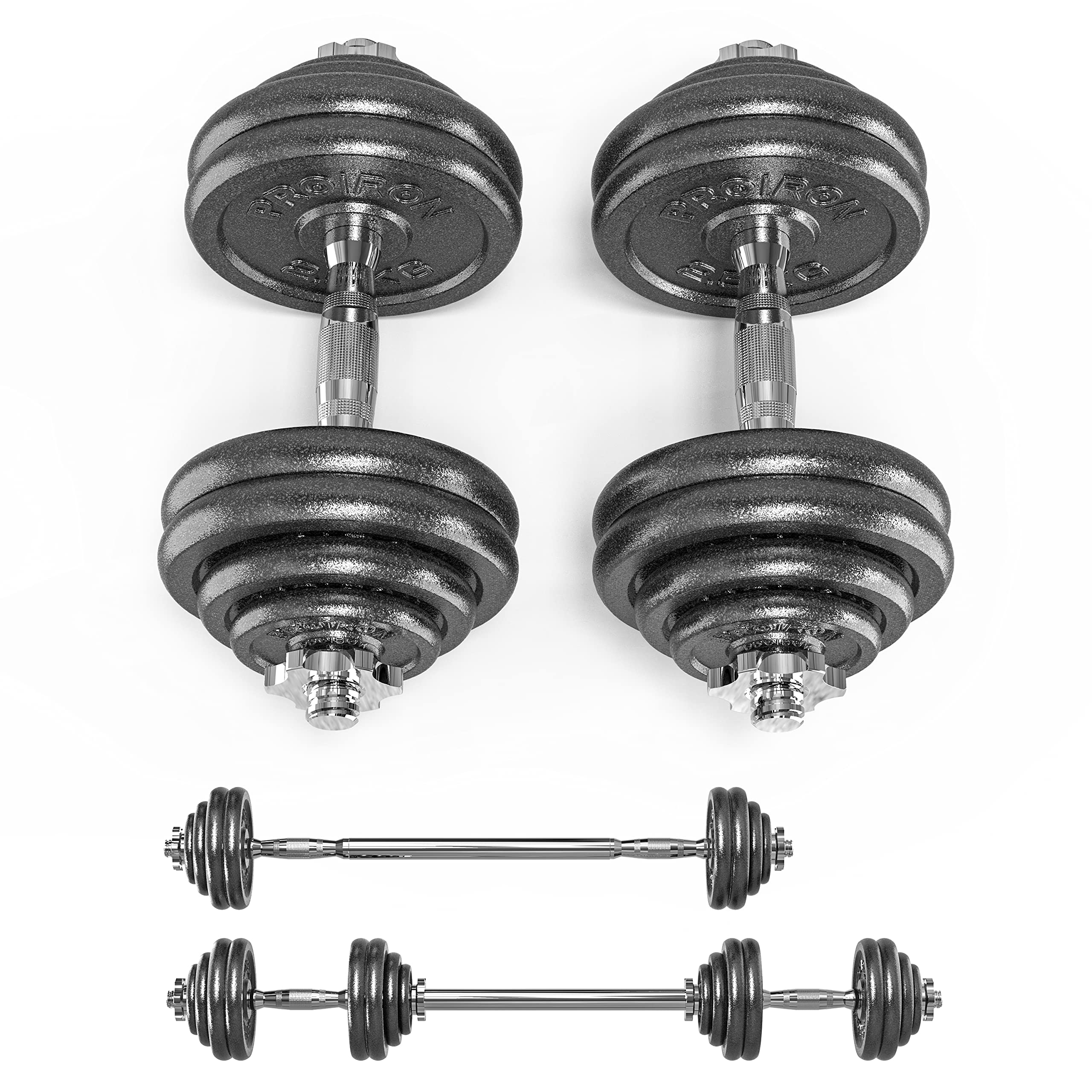 مجموعه وزنه‌های چدنی PROIRON مشتمل بر 1.25 کیلوگرم، 2.5 کیلوگرم، 5 کیلوگرم و 10 کیلوگرم (انتخاب اندازه) برای شانه میله دمبل 1" #D - مجموعه دمبل 30 کیلوگرم