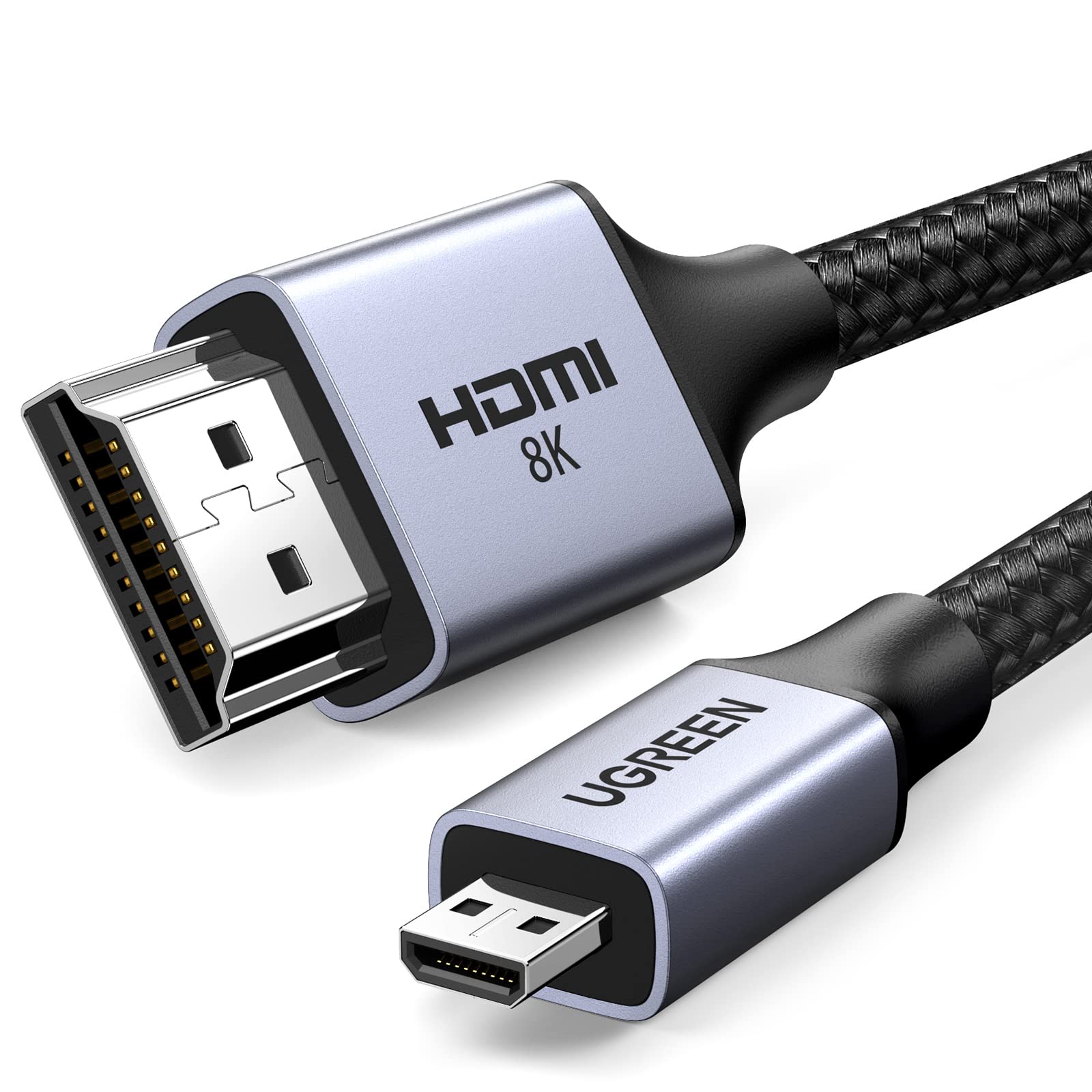کابل UGREEN Micro HDMI به HDMI 2.1 با آداپتور 1 متر، مرد به مرد، 8K@60Hz، 4K@144Hz، 2K@240Hz، HDR/eARC/3D، سازگار با سونی / نیکون / گوپرو / کنن / فوجی / رسبیری پای، کابل پیچدار با پوشش آلومینیوم 8K 1M