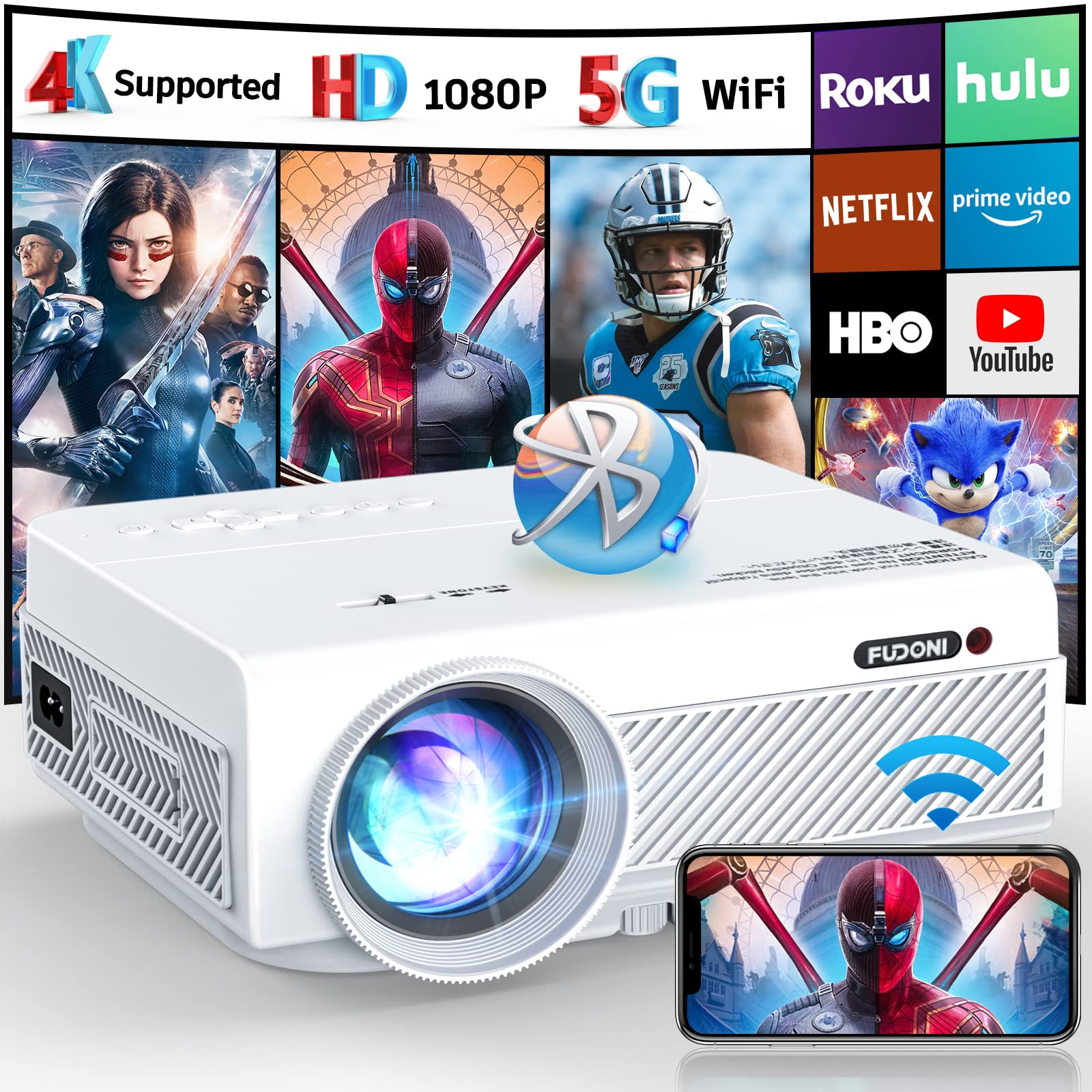 پروژکتور FUDONI با WiFi و بلوتوث، پروژکتور بیرونی Native 1080P پشتیبانی از 4K، پروژکتور قابل حمل با صفحه و بیشینه 300 اینچ، سازگار با iOS/Android/Laptop/TV Stick/HDMI/USB/VGA/TF سفید