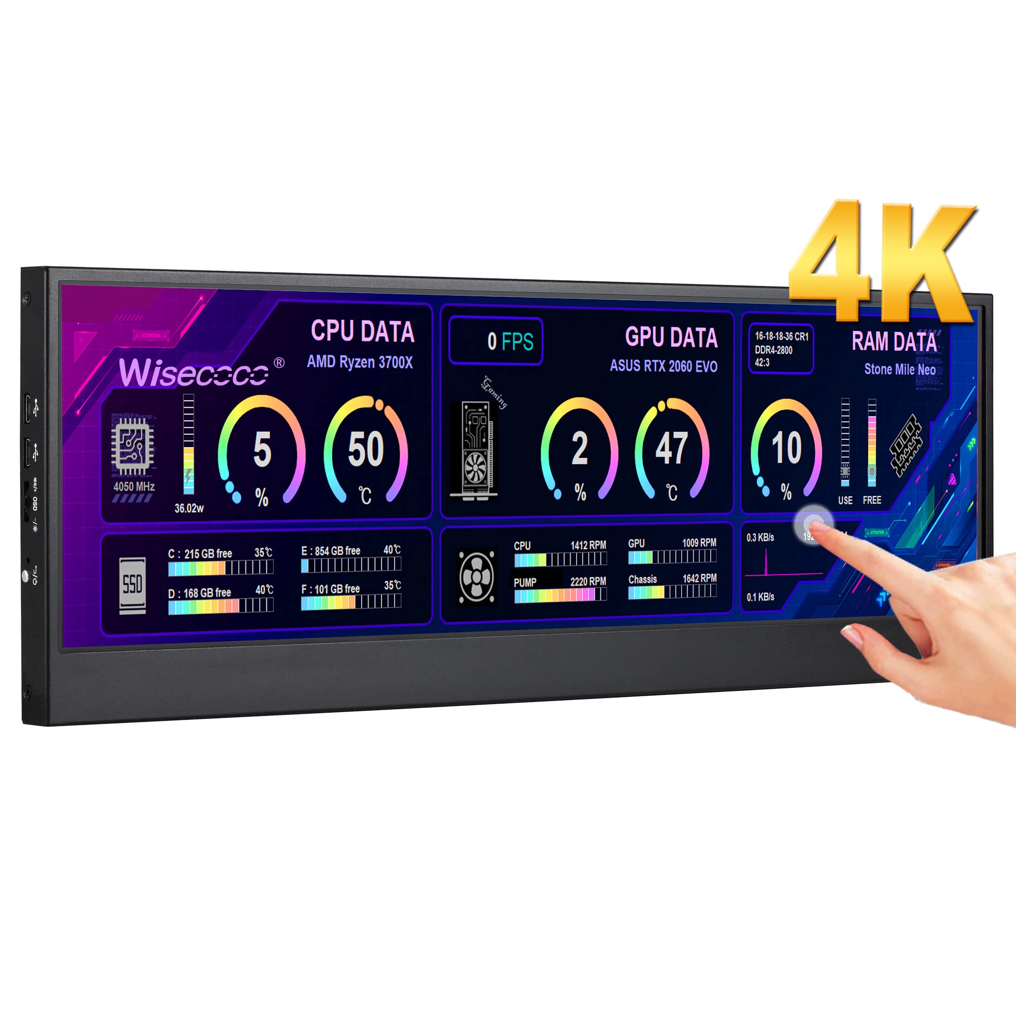 wisecoco 14'' 4K UHD IPS 3840x1100 Stretched Bar Touch Screen Monitor for Laptop PC Speed Temperature Windows Aida64 CPU GPU HDMI Secondary Monitor for Music Media Timeline Edition