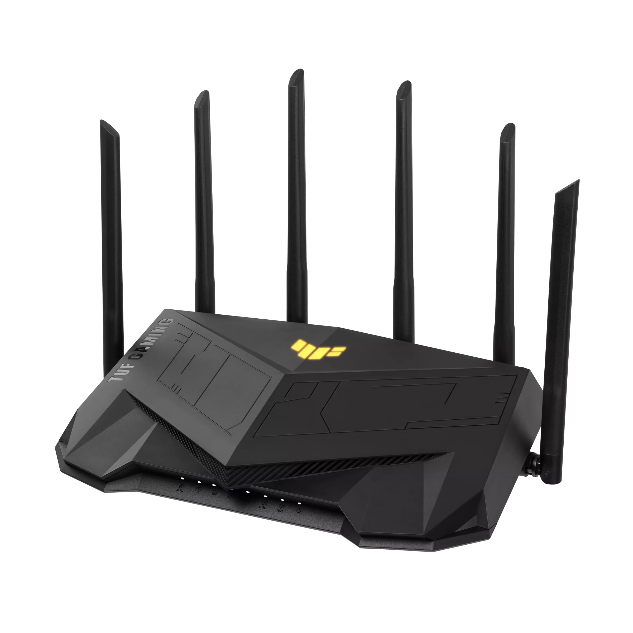 مسیریاب قابل ارتقا ASUS TUF Gaming AX6000 با وای فای دو بانده 6، دو پورت 2.5G، حالت بازی موبایل، انتقال پورت، امنیت شبکه بدون نیاز به اشتراک، نگهبانی فوری، سازگار با AiMesh WIFI 6 AX6000 و پورت 2.5G.