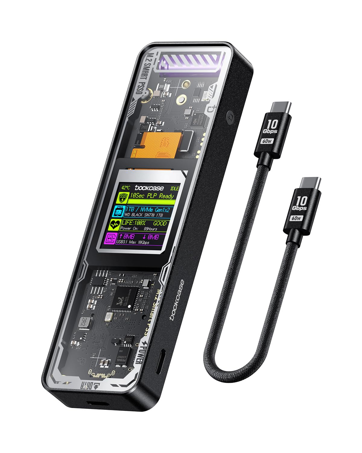 محصول DOCKCASE Explorer Edition M.2 NVMe SSD Enclosure ، پشتیبانی از 10s PLP برای جلوگیری از از دست دادن داده های نوشته شده ، پورت USB 3.2 نسل 2 Type-C (10 گیگابیت بر ثانیه) دارد که با NVMe PCIe سازگار است و ابعاد 2230/2242/2260/2280 را ساپورت می کند. این محصول از کانکتور M-Key و B+M Key و همچنین تکنولوژی UASP پشتیبانی می کند. رنگ این مدل مشکی می باشد به کد 10SPLP-Black.