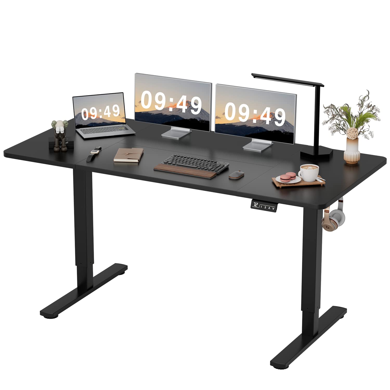 میز ایستاده برقی قابل تنظیم ارتفاع Furmax اندازه بزرگ 63 × 24 اینچ میز ایستاده خانگی دفتر کار رایانه با حافظه تنظیم پیشرفته با قاب فلزی به شکل حرف T، رنگ مشکی