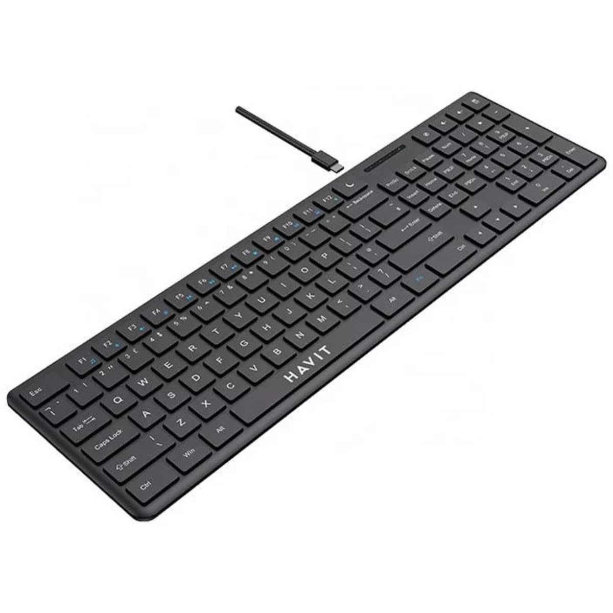 صفحه کلیدی با سیم USB-C KB252 از HAVIT با تایپ آرام و صدای کوچک، کلیدهای سوییچ کم ارتفاع، کابل جداشدنی، طراحی ارگونومیک قابل حمل، سازگار با ویندوز، مک، اندروید، آیپد رنگ مشکی KB252