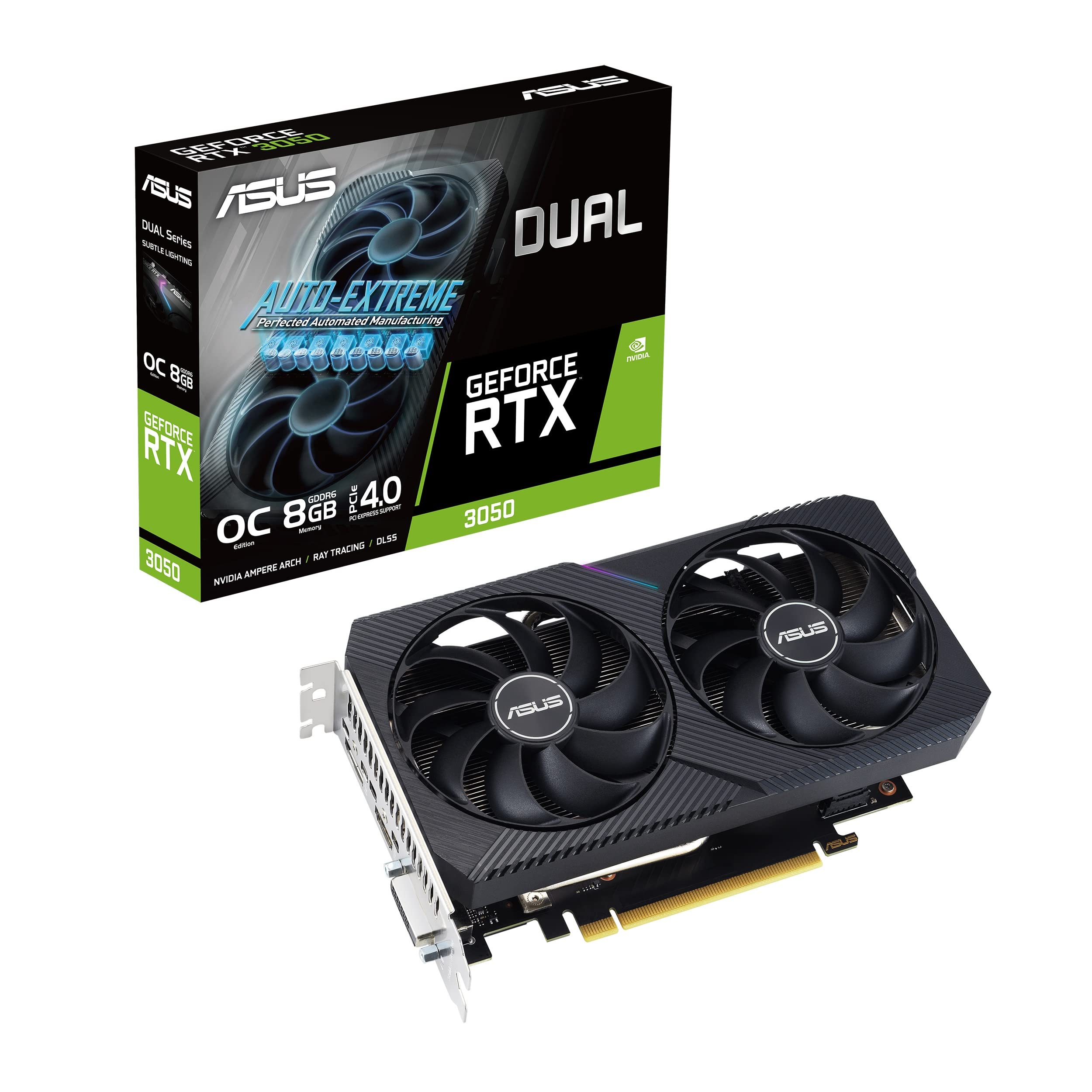 کارت گرافیک بازی Asus Dual GeForce RTX 3050 V2 OC Edition 8GB GDDR6، اکسپرس PCI 4.0، 2 پنکه Axial-tech، سرعت حافظه 14 گیگابیت بر ثانیه، رابط حافظه 128 بیت - مشکی