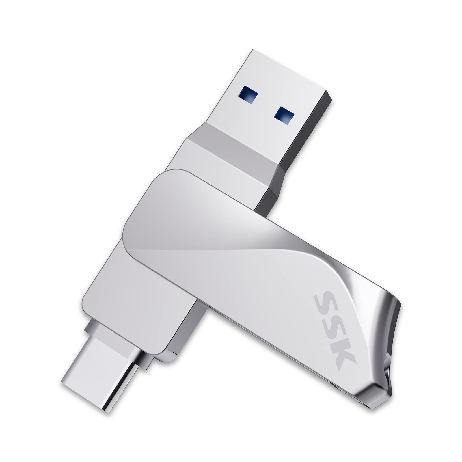 فلش درایو USB C 256GB SSK Dual Drive، 2 در یک OTG نوع C + USB A 3.2 Gen 1 مموری اسٹک تھم ڈرائیو، پین ڈرائیو تا 200 میگابائٹ فی سیکنڈ منتقلی کی رفتار فوٹو اسٹک برائے اینڈرائڈ فونز / ٹیبلٹس / میک / لیپ ٹاپ