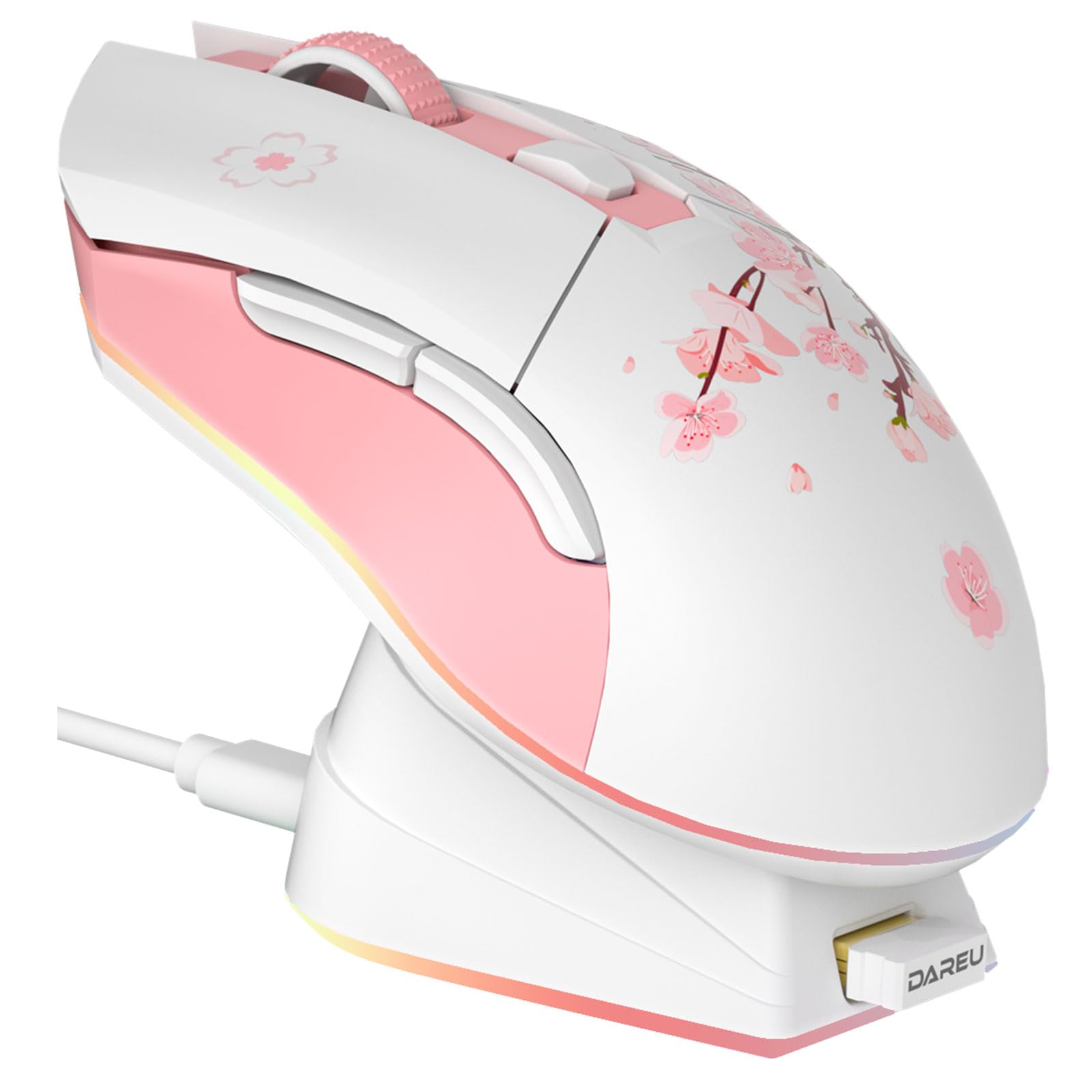 ماوس بازی بی‌سیم DAREU Sakura Pink با پایه شارژی RGB قابل شارژ، 12K دی‌پی‌آی، 6 دکمه قابل برنامه‌ریزی حسگر با دقت بالا [300IPS] [1000Hz] برای کامپیوتر، نوت‌بوک، مک