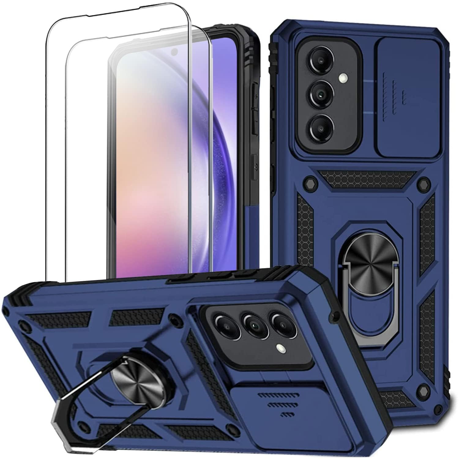 قاب محافظ Samsung A54 5G با درپوش دوربین و استند Kickstand Ring همراه با [2 عدد] محافظ صفحه نمایش شیشه‌ای دوگانه، مقاومت نظامی در مقابل ضربه و پوشش محافظ (آبی)
