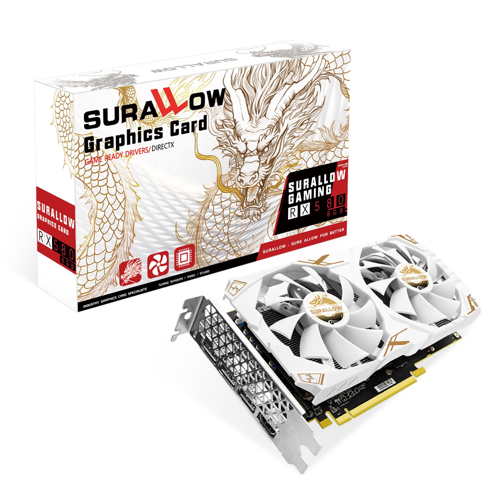 کارت گرافیک SURALLOW RX 580 8GB، 2048SP، حافظه GDDR5، باس 256 بیت، مناسب برای کامپیوتر گیمینگ، رابط PCIe 3.0، فن‌های دوگانه Twin Freeze، کارت ویدیویی کامپیوتر با پورت‌های HDMI و DP — RX580 8G