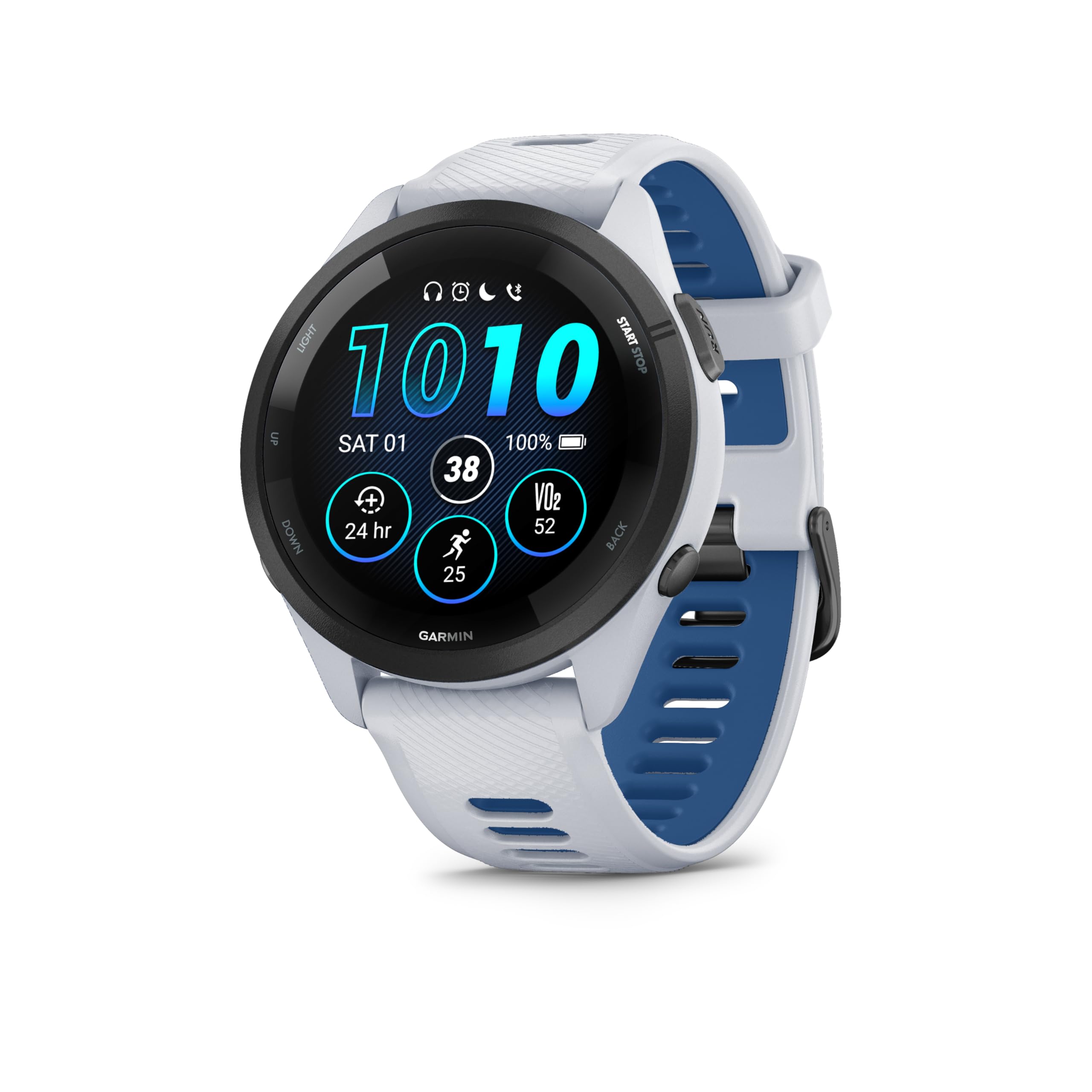 گارمین Forerunner 265 - سفیدی سنگین/آبی شور | ساعت ورزشی Amoled GPS برای دویدن با عمر باتری تا 13 روز | صفحه نمایش لمسی و دکمه‌ها و ورزش‌های پیشنهادی روزانه، امتیازآمادگی آموزشی FORERUNNER 265 46 میلیمتر آبی شور