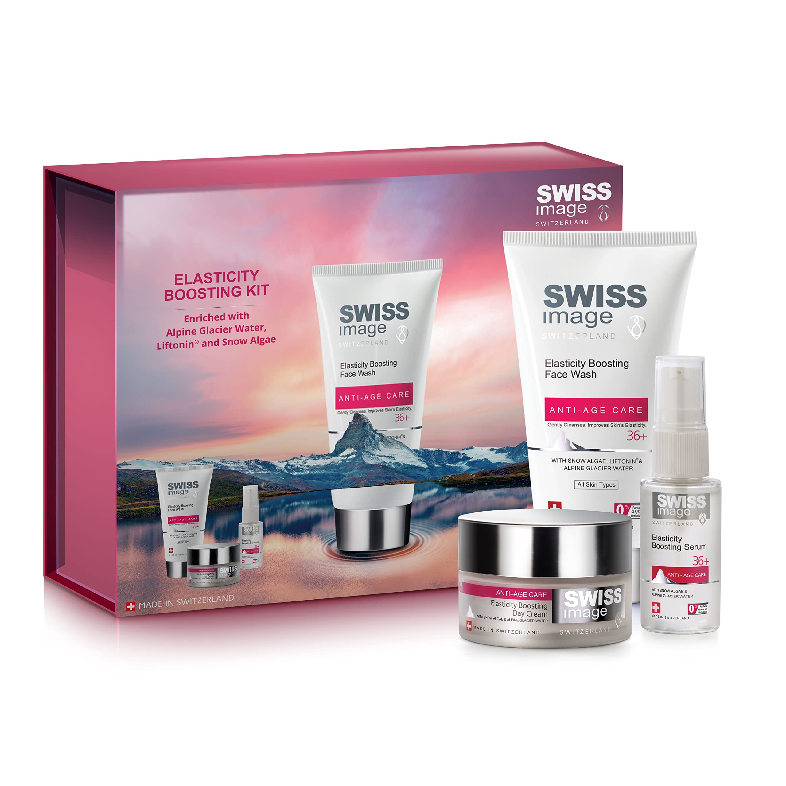 مجموعه هدیه مراقبت از پوست ضد پیری Swiss Image برای تقویت کلاژن - شستشوی صورت با قدرت کشسانی 150 میلی لیتر، کرم روز 50 میلی لیتر و سرم 30 میلی لیتر برای پوست بدون چین و چروک، تمام انواع پوست مجموعه مراقبتی ضد پیری.