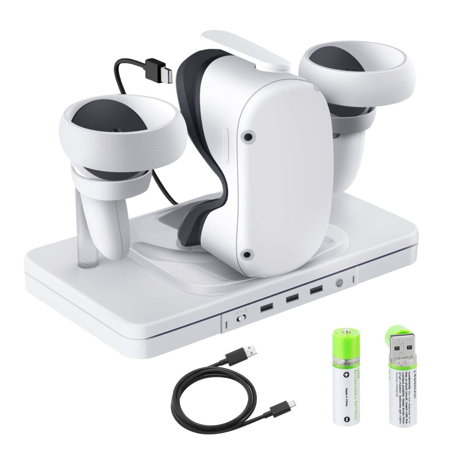 پایه شارژ TNP برای اکسسوری Oculus Quest 2 - پایه شارژ هدست و کنترلر VR با کابل USB-C شارژ سریع و انتقال داده با نور RGB، 3X پورت USB 2.0 و 2X باتری قابل شارژ