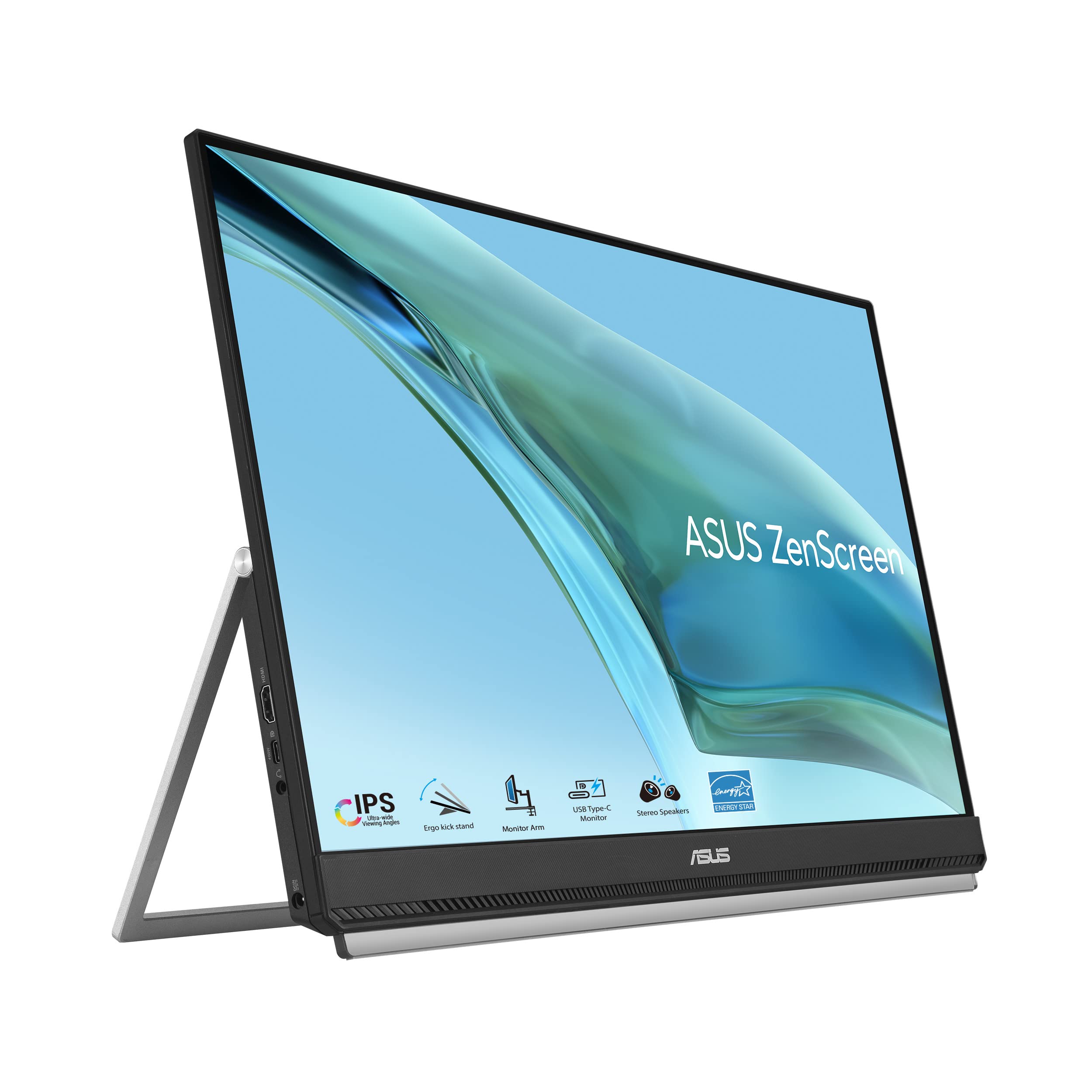 صفحه نمایش قابل حمل ASUS ZenScreen MB249C - 23.8 اینچ FHD (1920 × 1080)، پنل بدون قاب، فناوری IPS، ضد تابش خیره کننده، USB-C®، اسپیکرها، طراحی پایه قابل تنطیم، قفل C-شکل، قلاب تقسیم، پایداری سبز