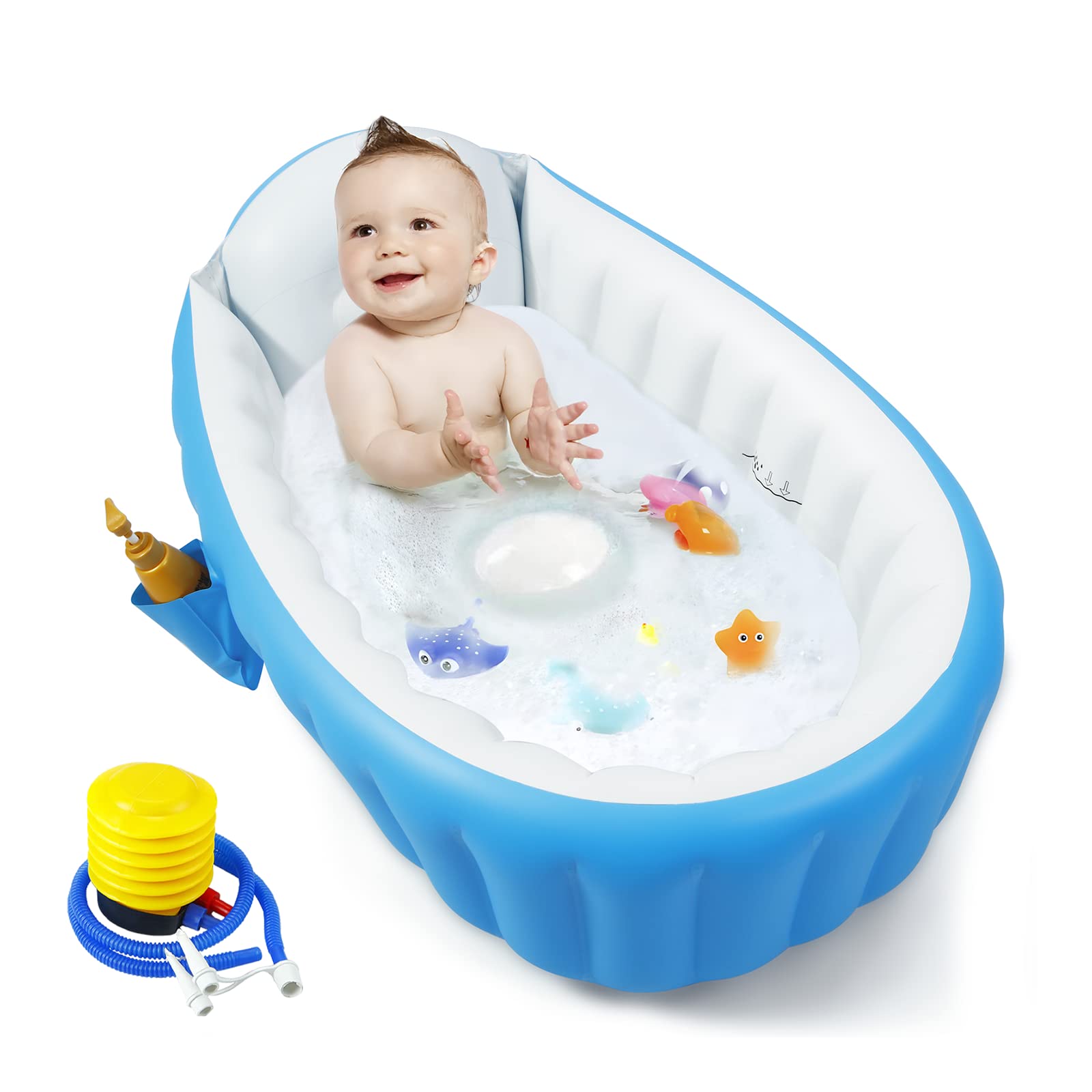 حمام موقت نوزاد قابل حمل PandaEar Baby Inflatable، حمام بچه کودک سفر با پمپ هوا، حوضچه حمام تازه‌دما با بالش هوا، حوضچه حمام بچه‌ها با عدم لغزش قابل جمع و جور و حوضچه شاور کوچک و حمام شنا برای نوزاد (آبی)