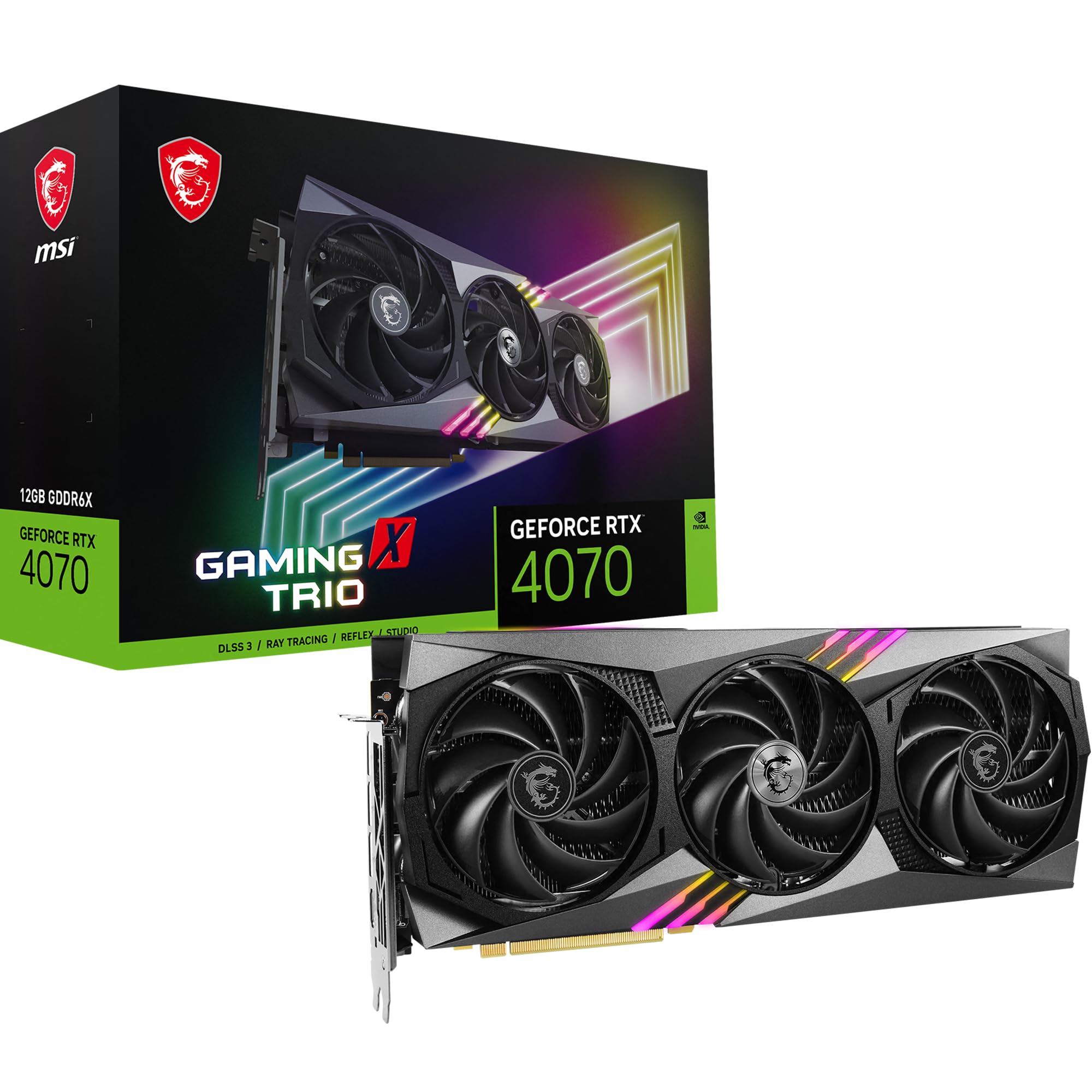 کارت گرافیک MSI GeForce RTX 4070 GAMING X TRIO 12G - GPU RTX 4070، 12GB GDDR6X (21Gbps/192-bit)، PCIe 4.0 - TRI FROZR 3 (3 عدد TORX Fan 5.0)، RGB - HDMI 2.1، DisplayPort 1.4a