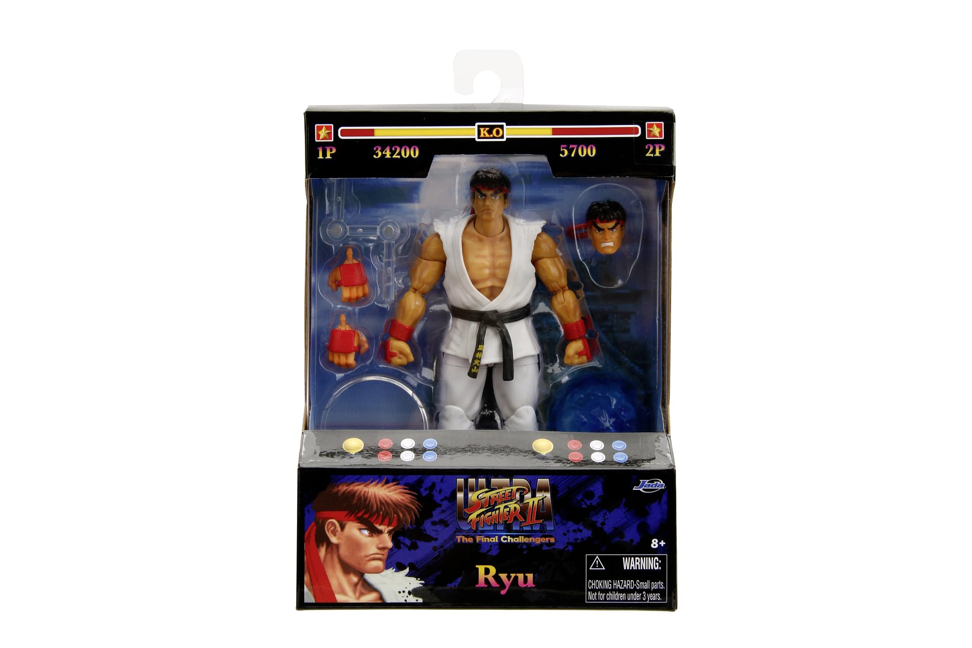 Jada - Street Fighter II Ryu, Figurine 15 cm با دست‌ها و سر قابل تعویض، لوازم جانبی و 20 نقطه مفصلی (253252025)، سفید مدرن