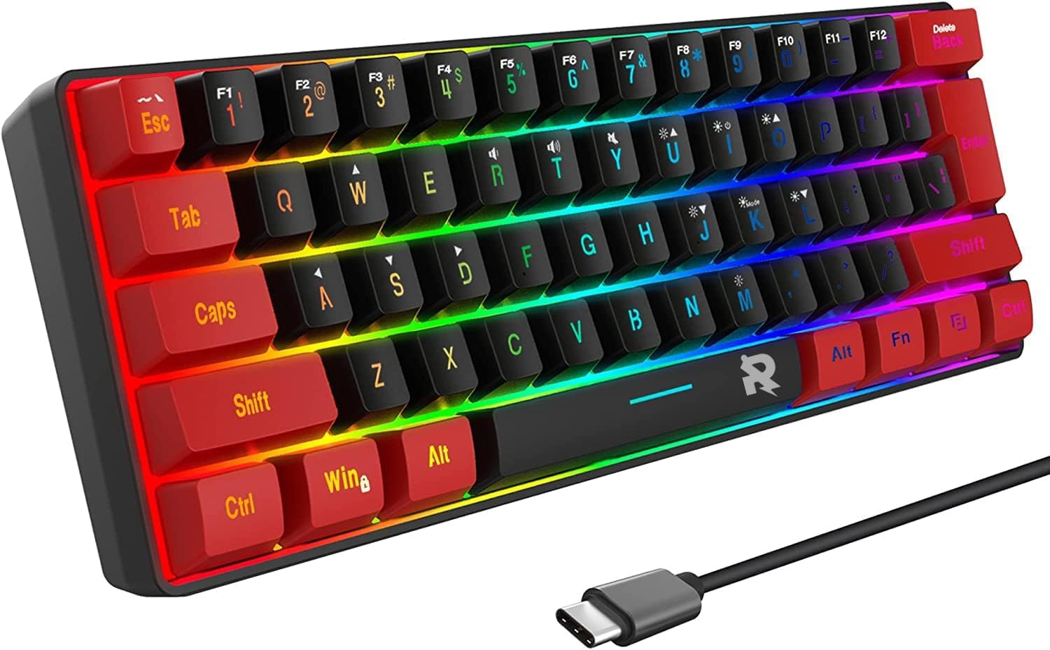 کیبورد باسیم باسیم باسیم ROCK POW 60٪ ، کیبورد بازی واقعی RGB Mini ، کیبورد کوچک و ضدآب با 61 کلید برای گیمرها ، تایپ کار ، مسافرت ، حمل و نقل آسان در سفرهای تجاری (قرمز سیاه) 61 کلیدهای قرمز سیاه