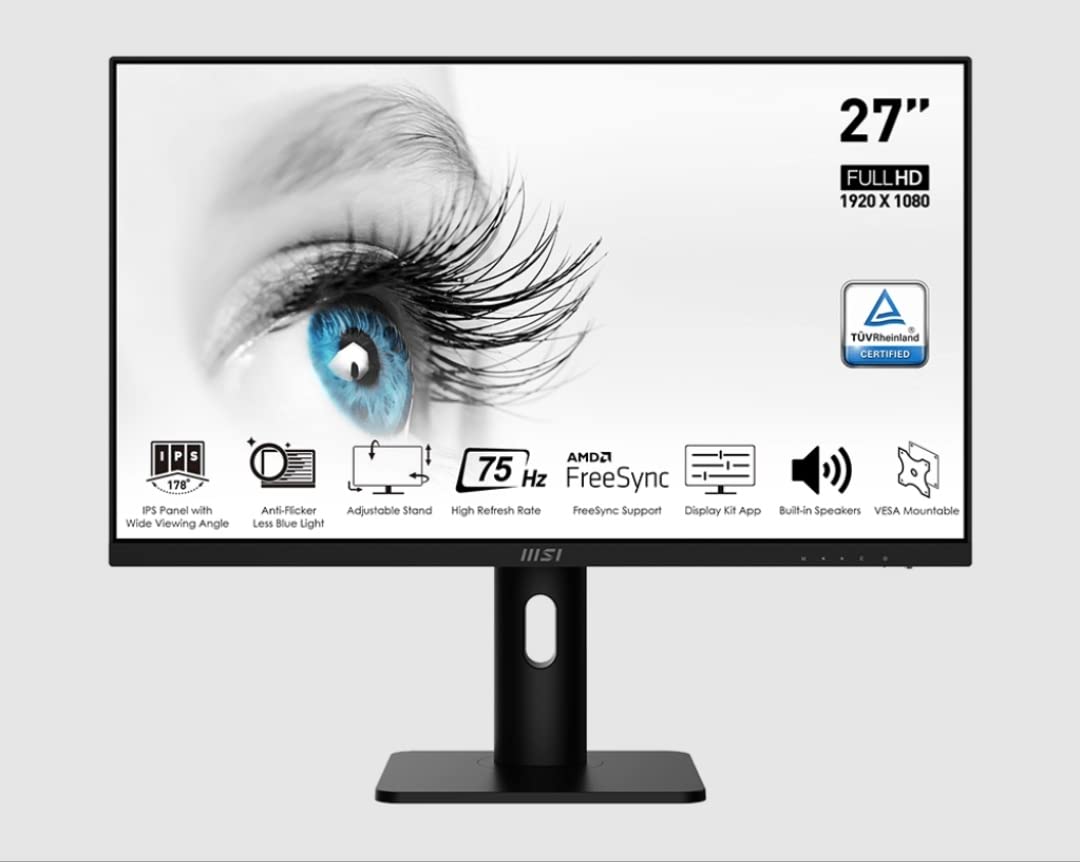 مانیتور تولیدی MSI PRO MP273 با اندازه 27 اینچ، نمایشگر IPS ضد درخشش FHD 75Hz، زمان پاسخ‌دهی 5 میلی ثانیه (GTG)، 16.7 میلیون رنگ نمایش، فری‌سینک، بلندگوی 2 واتی 2 عدد - رنگ مشکی