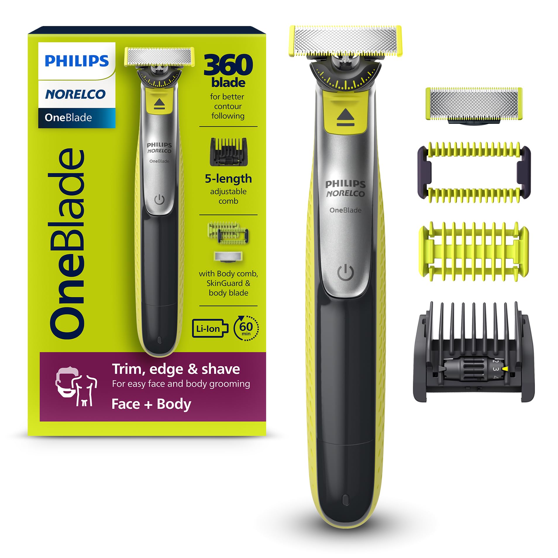فیلیپس نورلکو OneBlade 360 صورت + بدن هیبرید تراکم برقی و ریش‌تراش، مدل QP2834/70، سیاه آخرین نسخه OneBlade 360 صورت + بدن